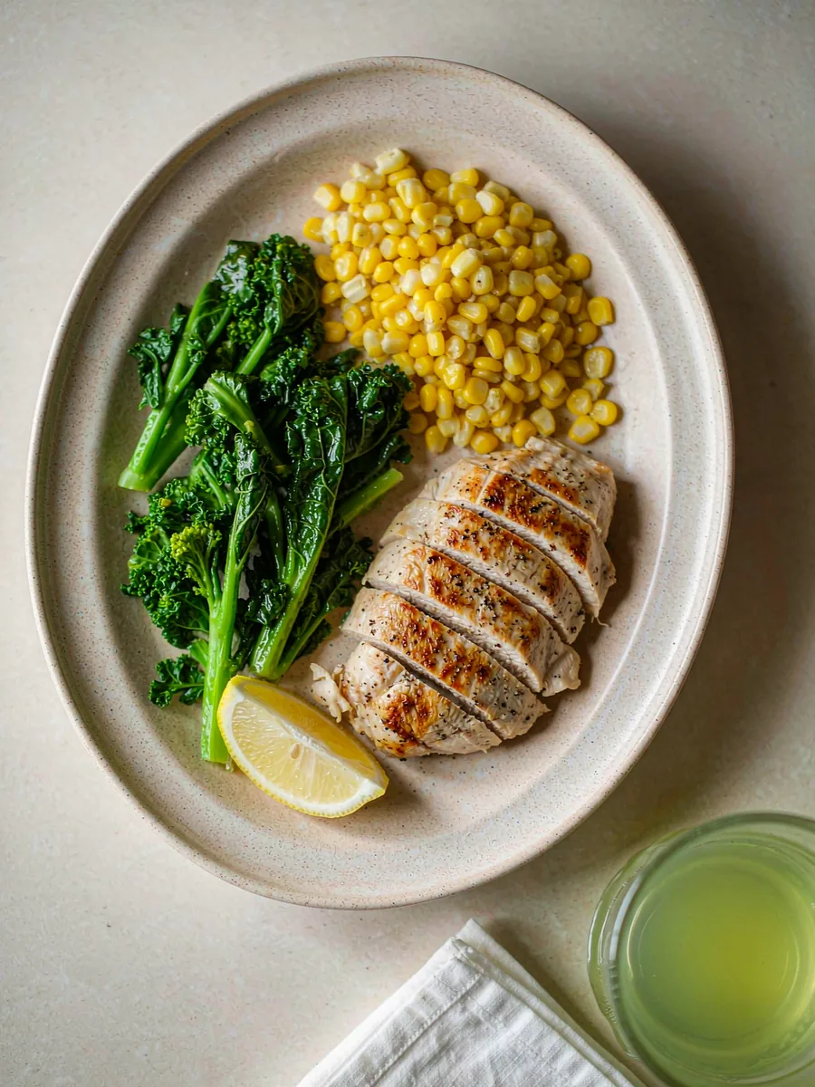 A single low-calorie lunch plate with steamed greens, sweet corn, grilled chicken and a lemon wedge