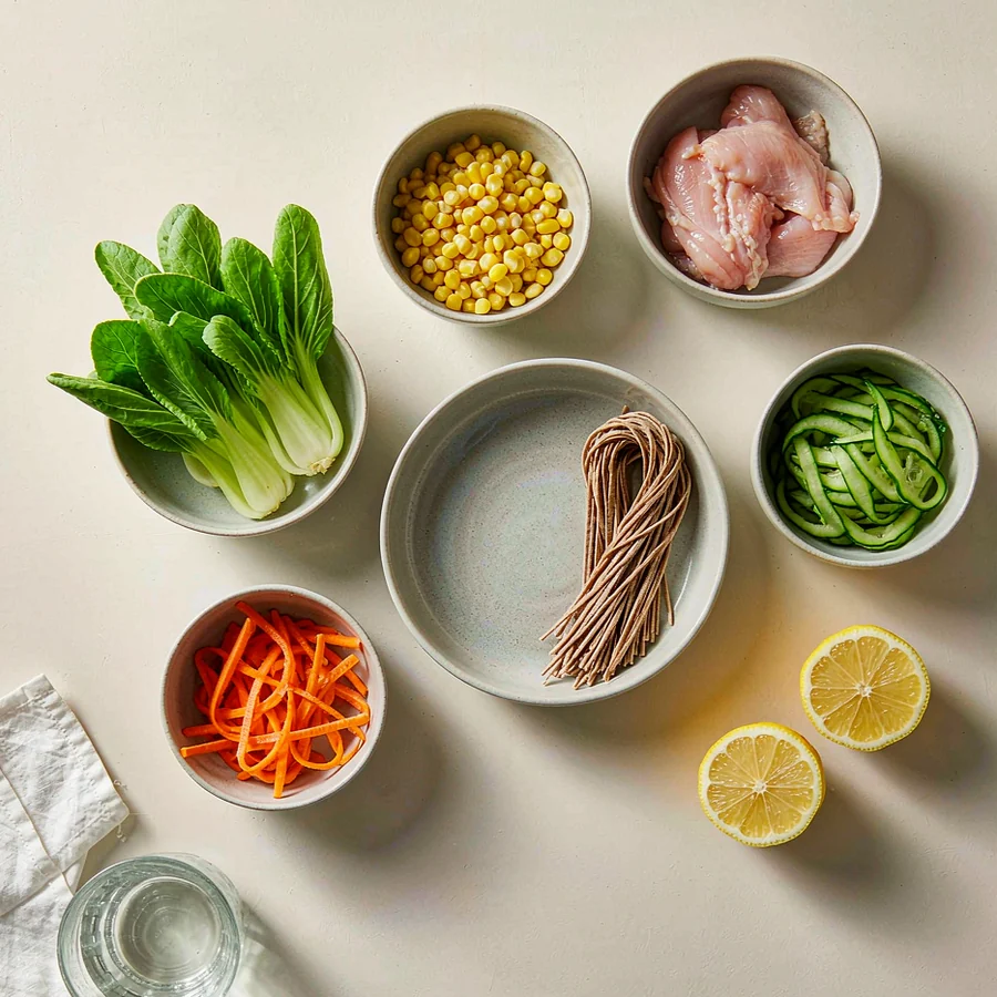Fresh low-calorie lunch ingredients — bok choy, carrot ribbons, sweet corn, chicken breast, buckwheat soba, cucumber and lemon — in small matte ceramic bowls