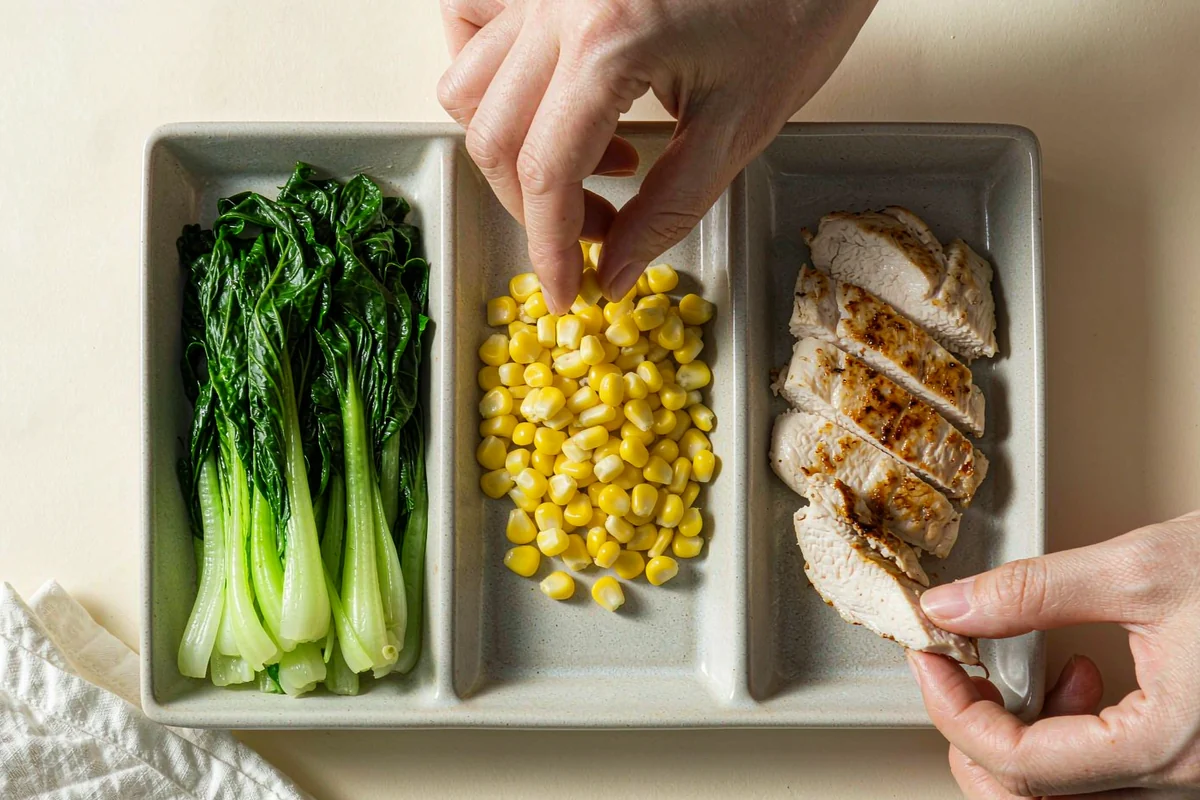 Arranging steamed greens, sweet corn and grilled chicken into a divided matte ceramic lunch tray