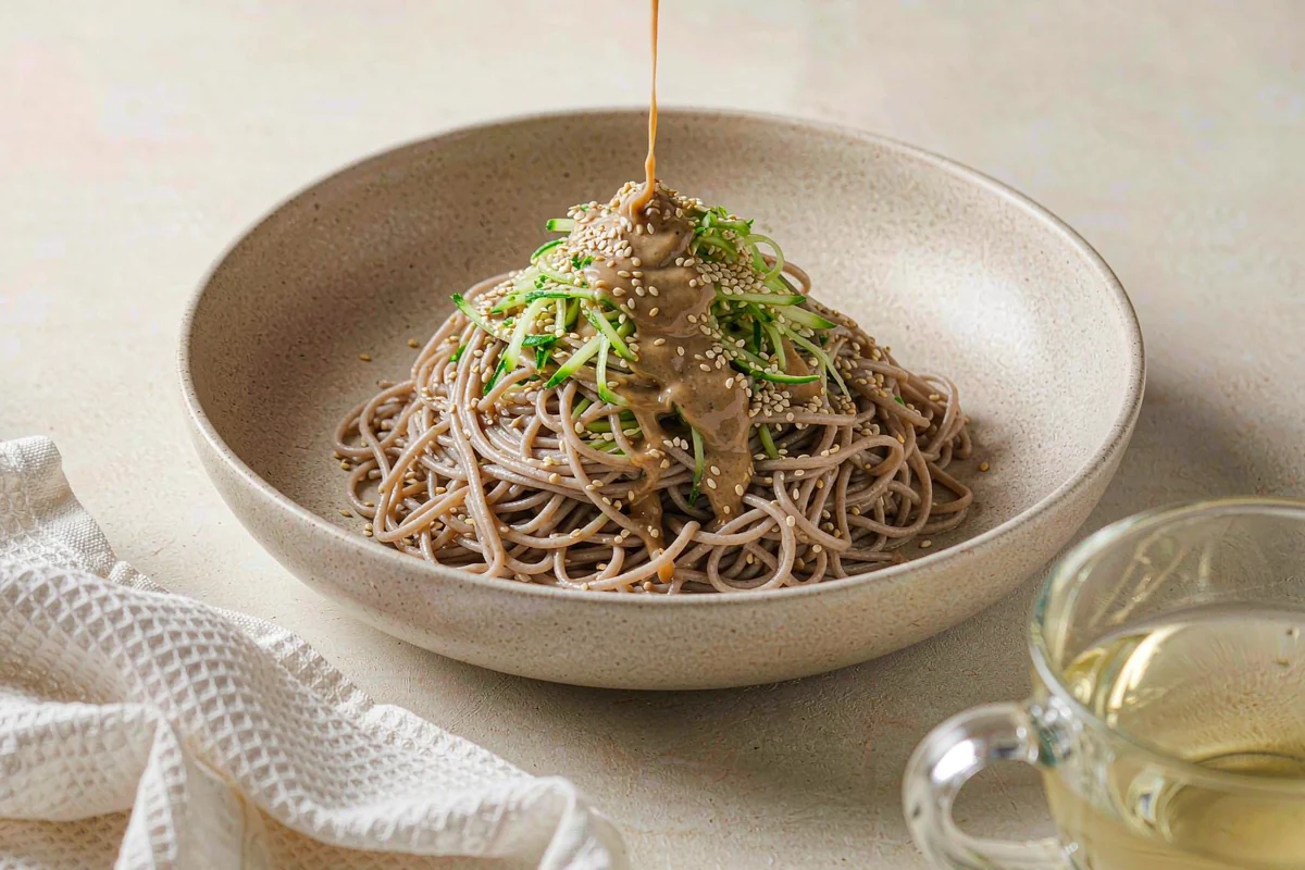 Drizzling sesame dressing over a chilled soba noodle salad with cucumber ribbons