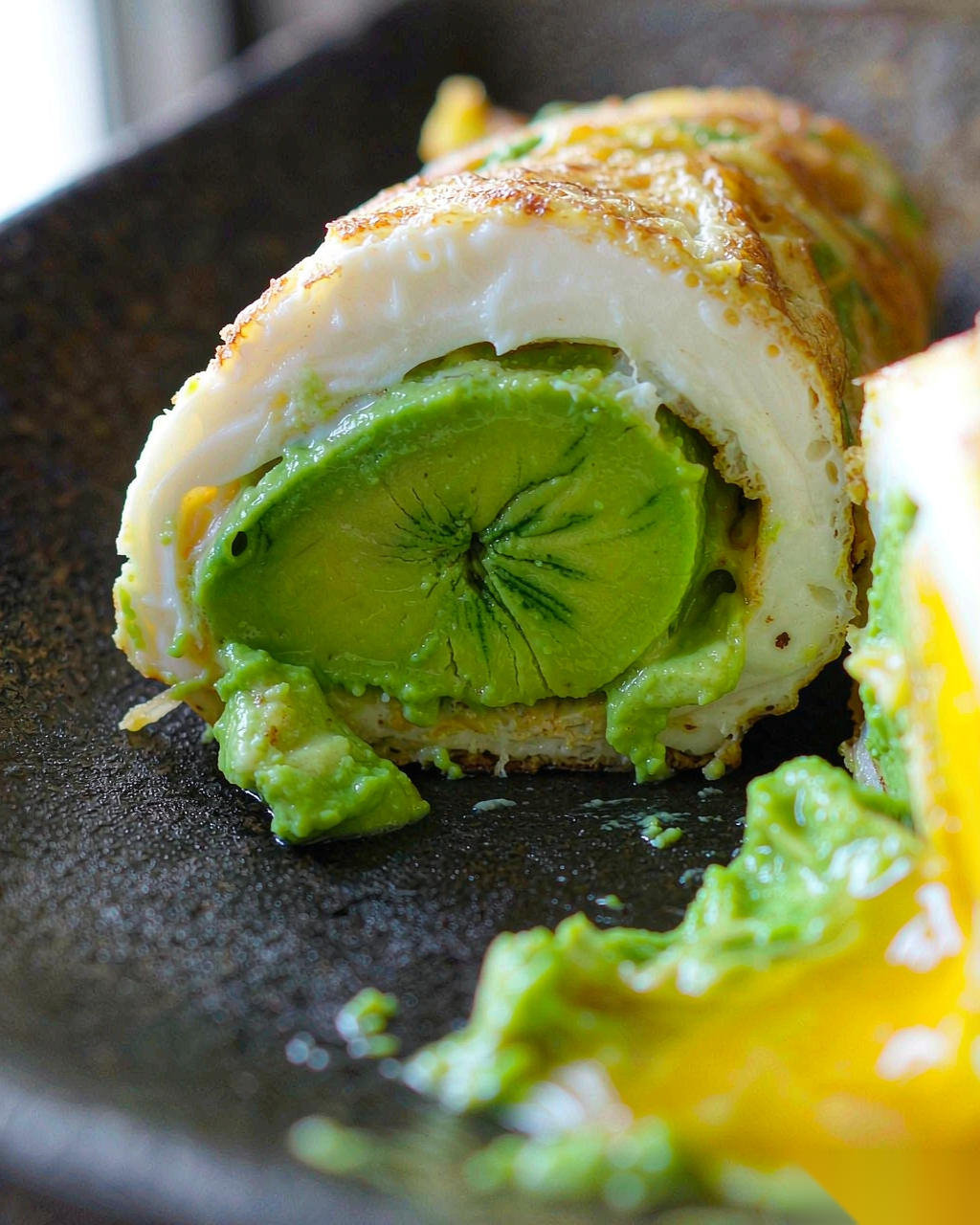 Close-up of avocado egg roll pinwheel with flowing golden runny yolk