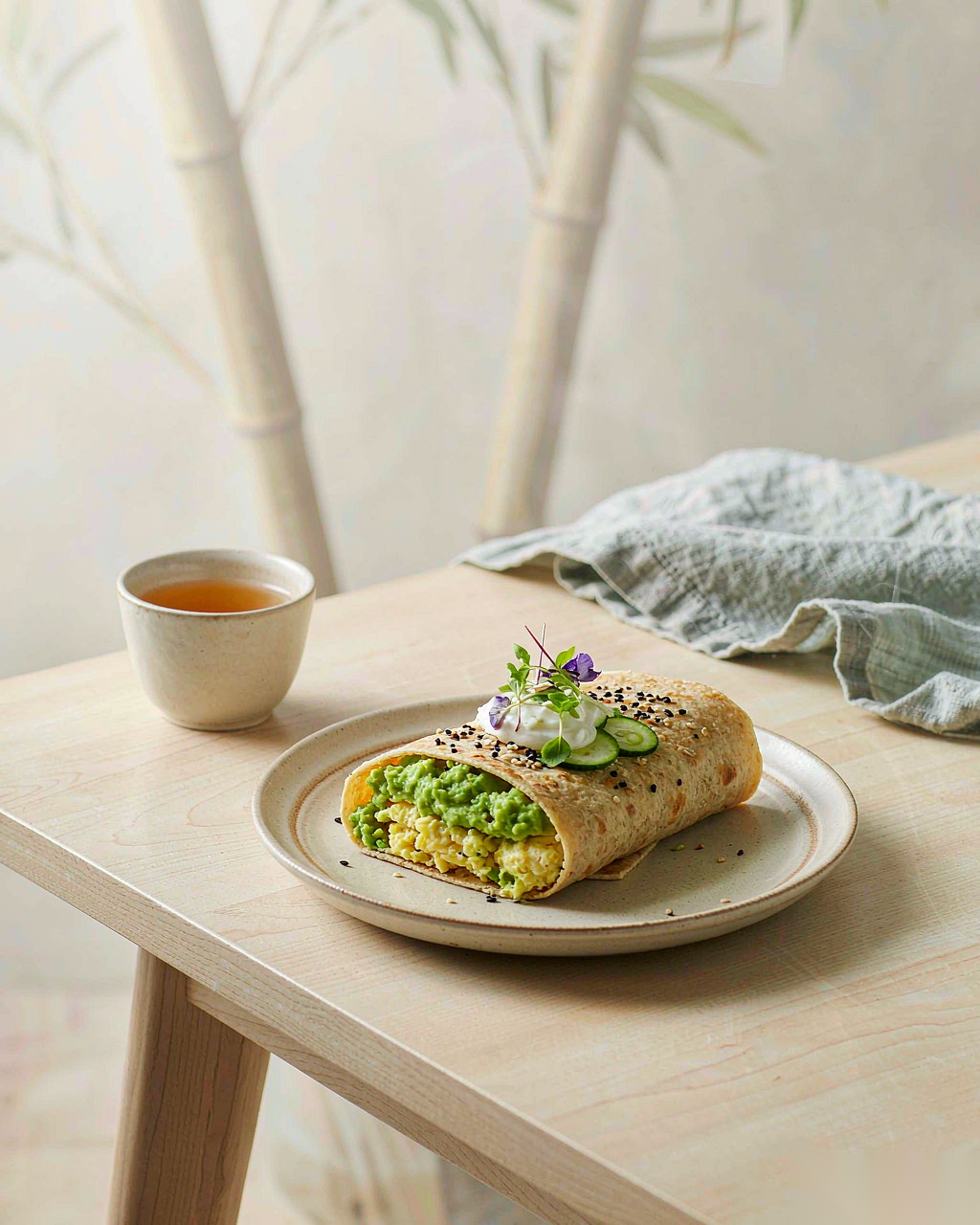 Lifestyle shot — avocado egg roll on wooden table with tea cup and linen napkin
