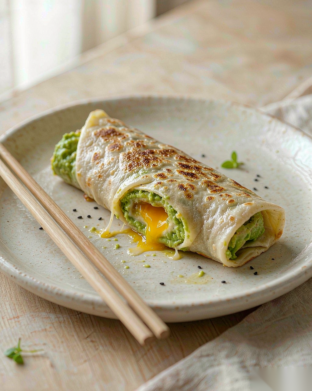 Avocado Soft-Boiled Egg Roll — ripe avocado and runny yolk egg wrapped in whole wheat tortilla
