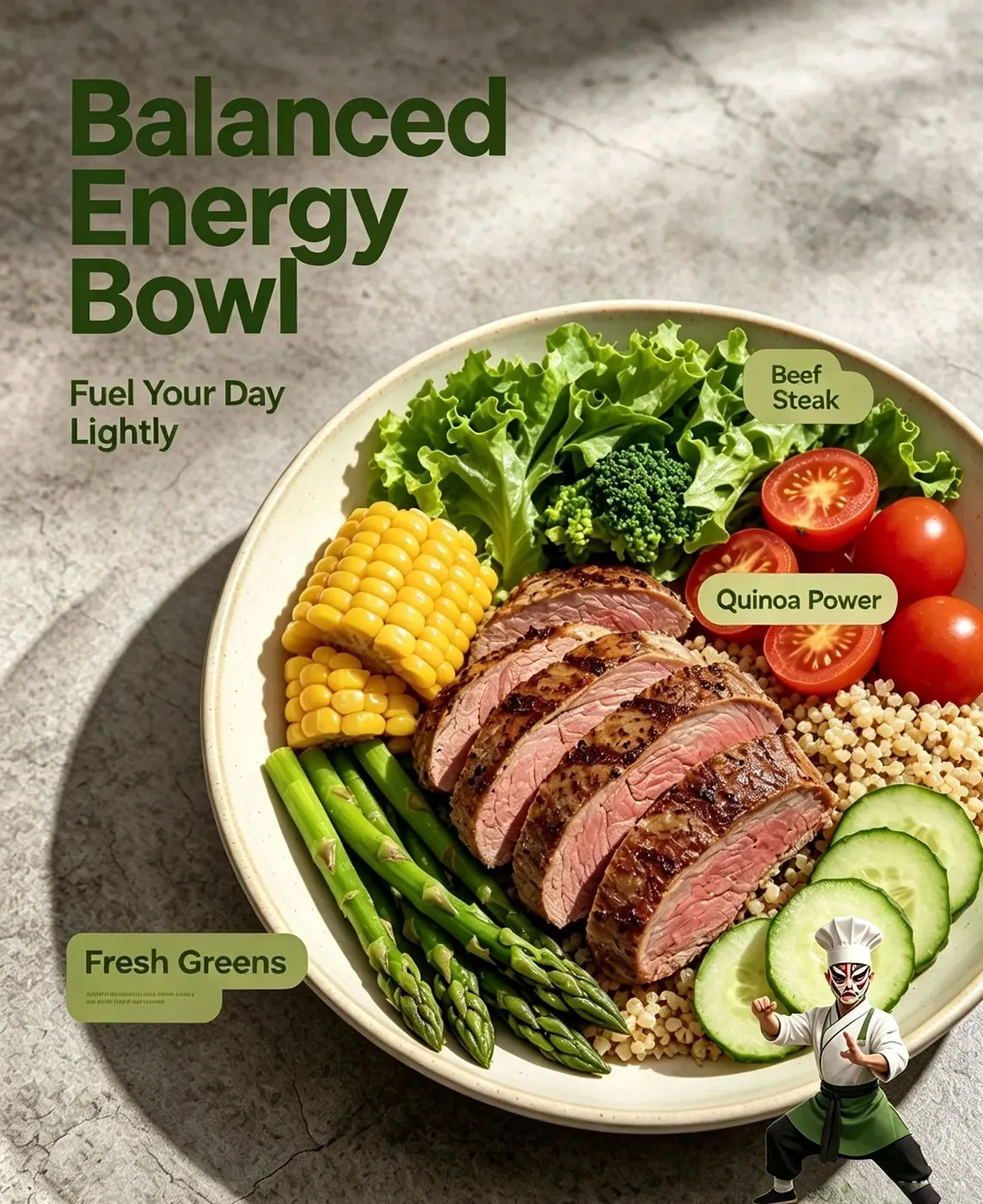 Beef Grain Bowl lifestyle shot — full bowl with quinoa base, beef steak, corn, asparagus, tomatoes and cucumber