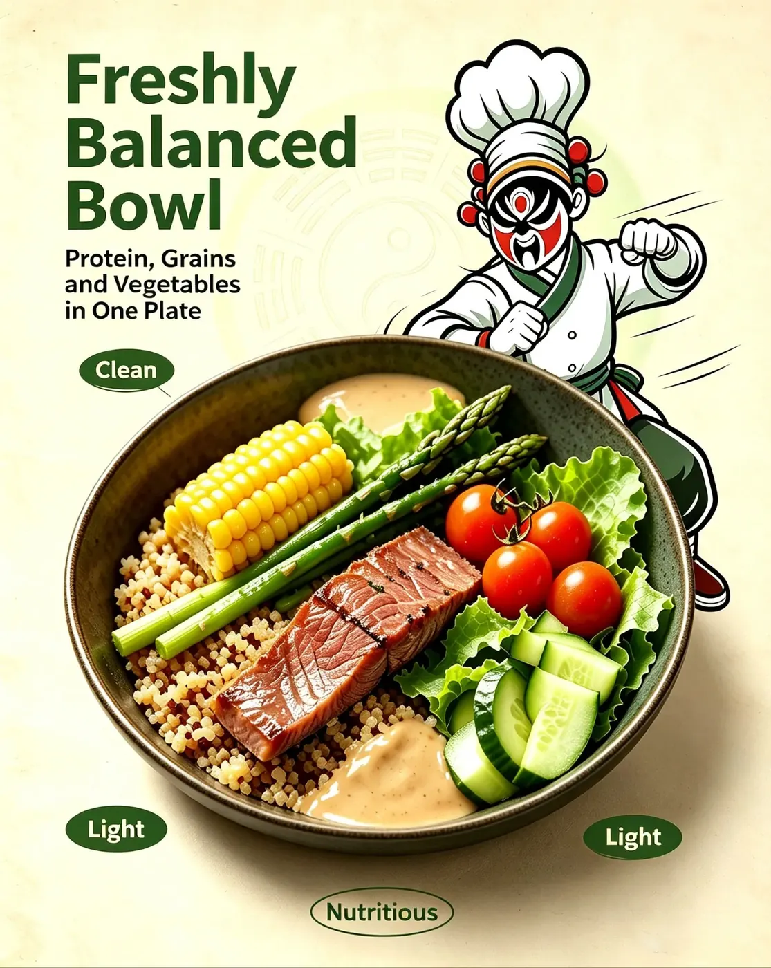 Beef Grain Bowl detail — balanced energy bowl with labeled ingredients showing beef steak, quinoa power and fresh greens