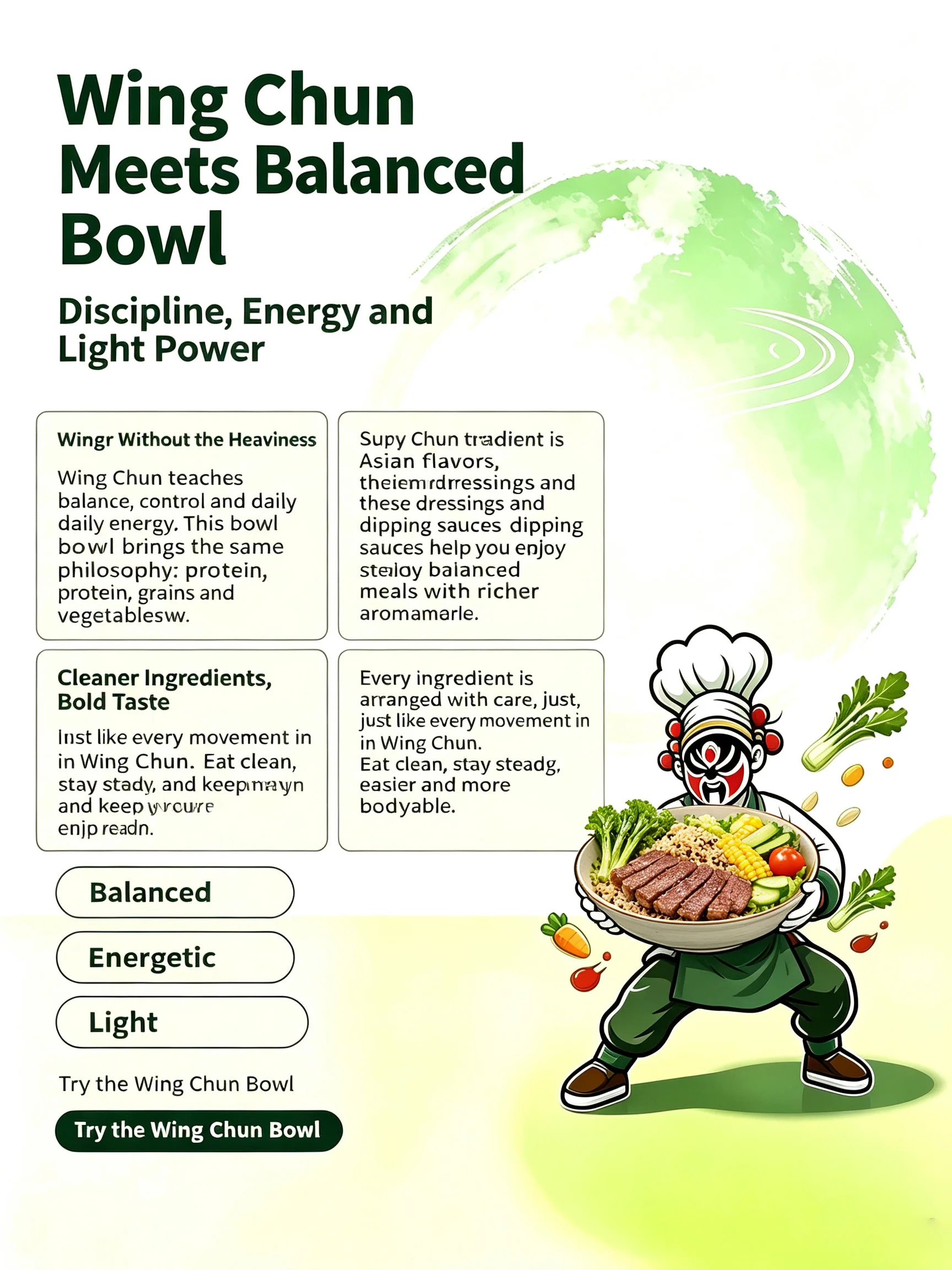 Wing Chun meets balanced bowl — martial arts inspired presentation with clean, light, nutritious labels