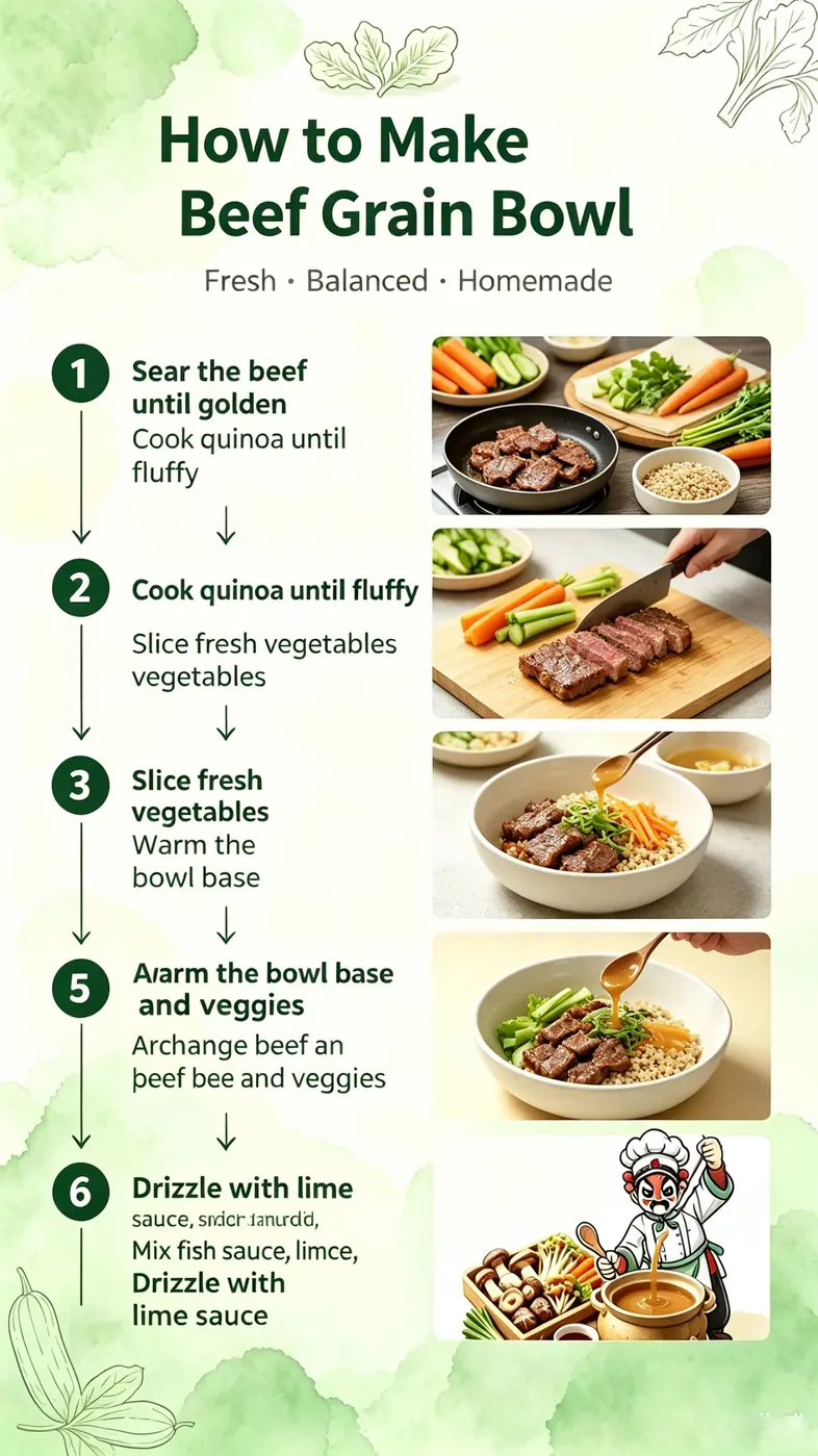 Step-by-step preparation of Beef Grain Bowl — searing beef, cooking quinoa, slicing vegetables, assembling bowl, drizzling sauce