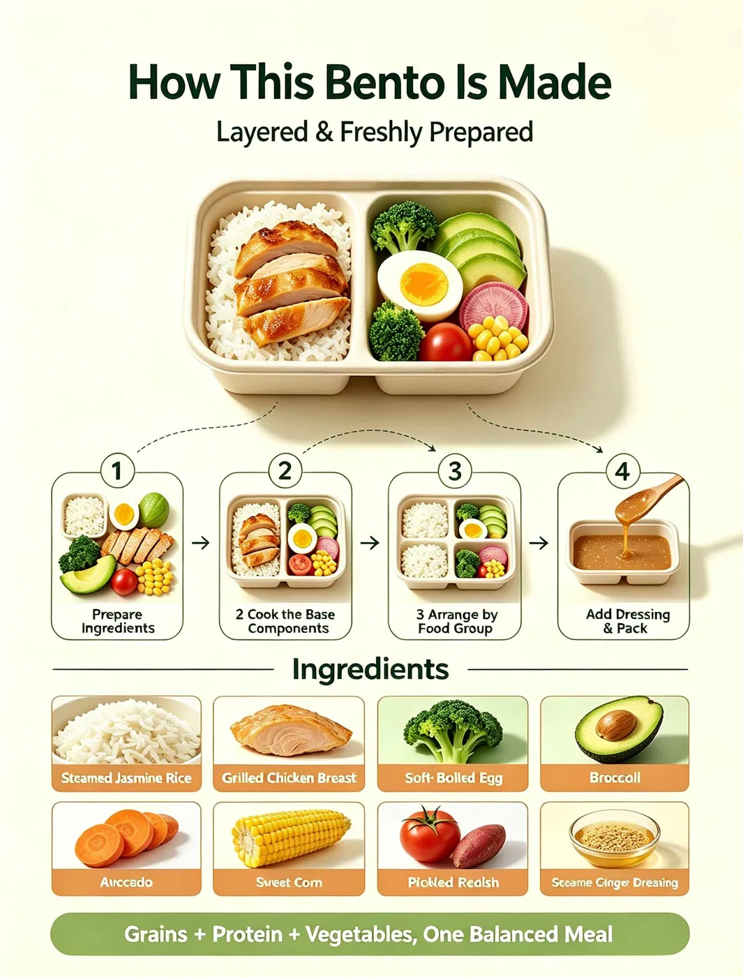 How the Healthy Bento Box is made: prepare ingredients, cook the base components, arrange by food group, then add dressing and pack