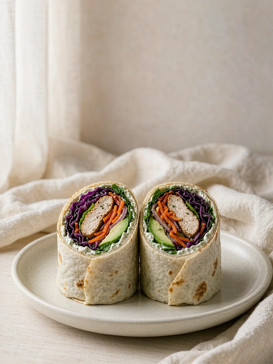 Two halved healthy wraps standing upright on a plate, showing chicken, purple cabbage, carrot and avocado