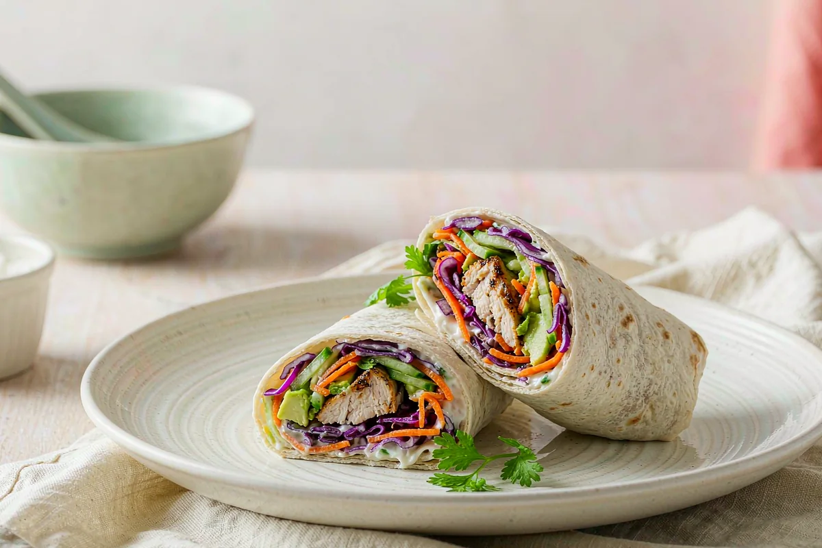 Healthy high-protein wraps sliced and fanned out, showing grilled chicken, purple cabbage, carrot, cucumber and avocado fillings