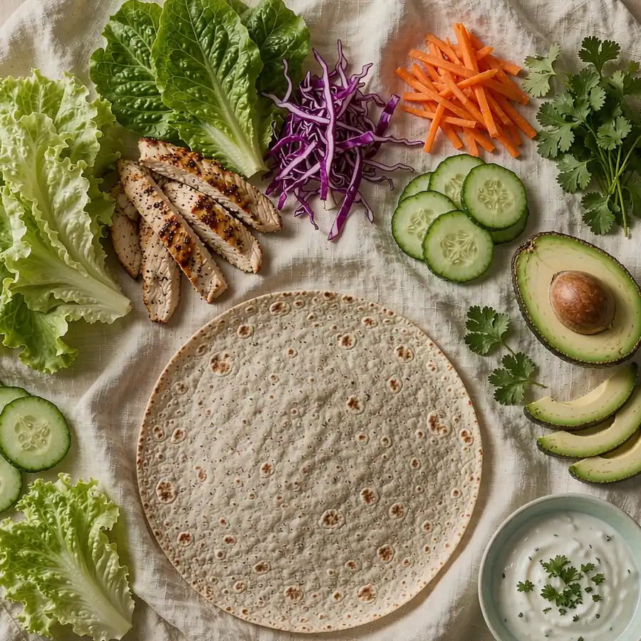 Healthy wrap ingredients — whole-wheat tortillas, lettuce, grilled chicken, purple cabbage, carrot, cucumber, avocado and a yoghurt dip