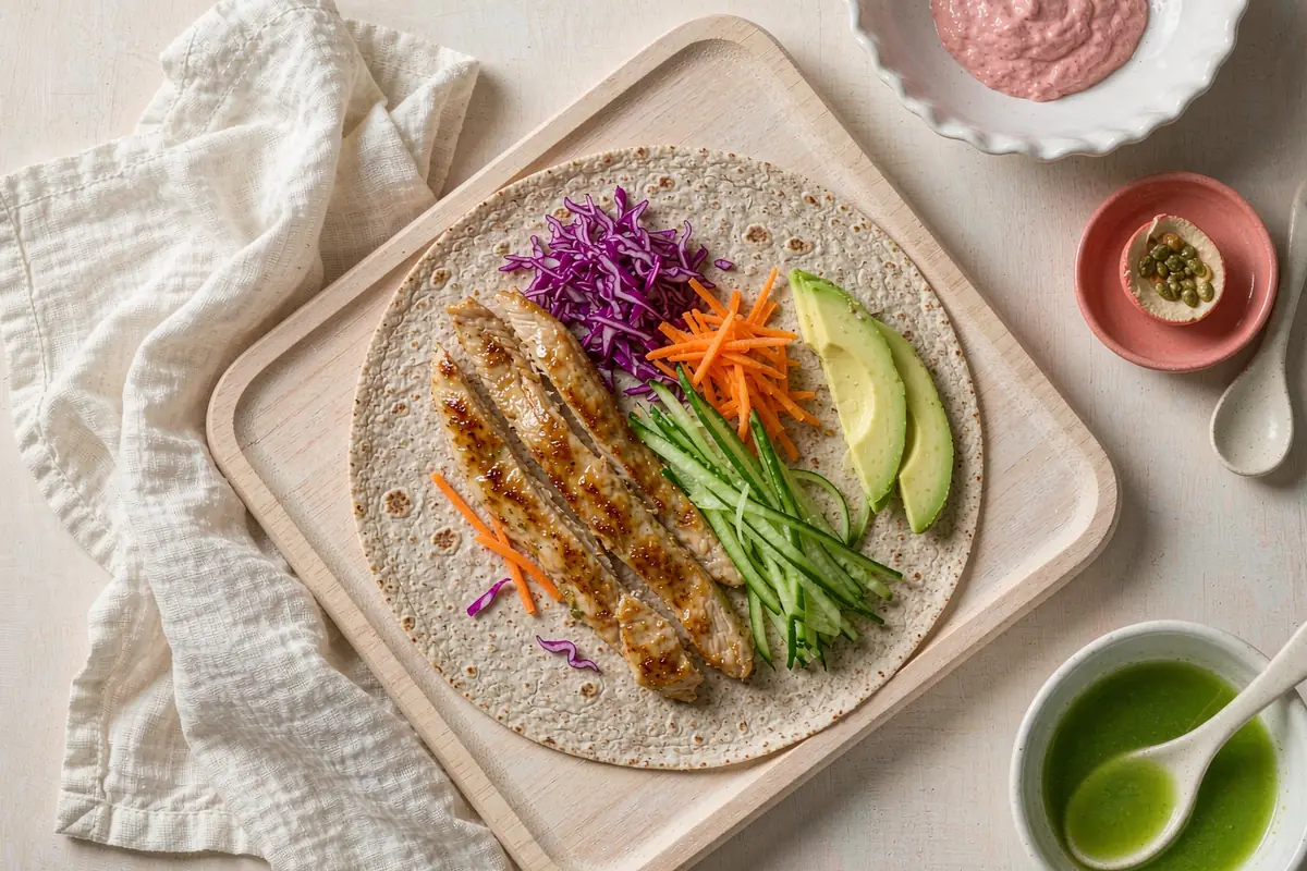 Laying grilled chicken strips, shredded purple cabbage, carrot ribbons and avocado slices onto a whole-wheat wrap