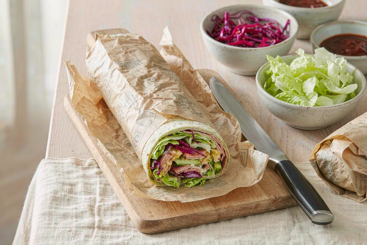 Rolling a filled healthy wrap in parchment and cutting it on the diagonal