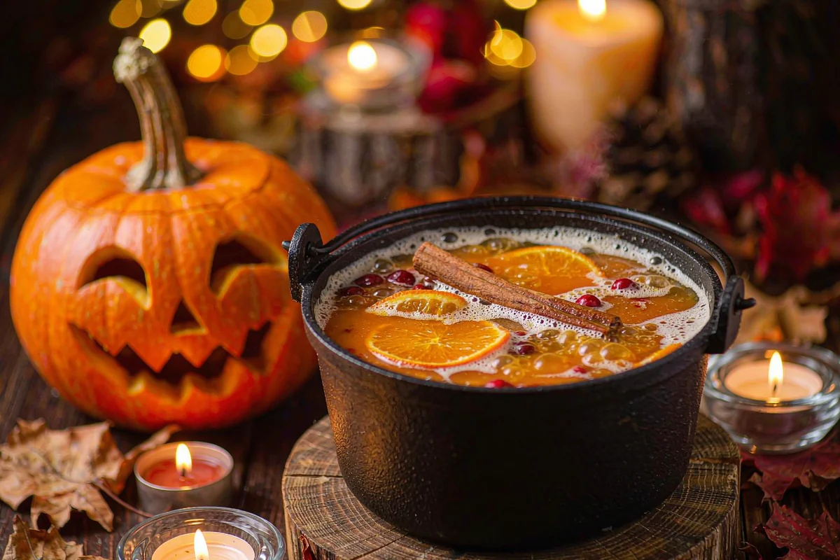 A bubbling Halloween cauldron of orange punch