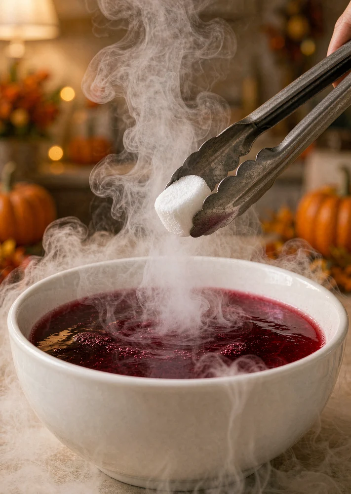 Metal tongs holding a food-grade dry-ice pellet above a white ceramic bowl, fog spilling over the rim