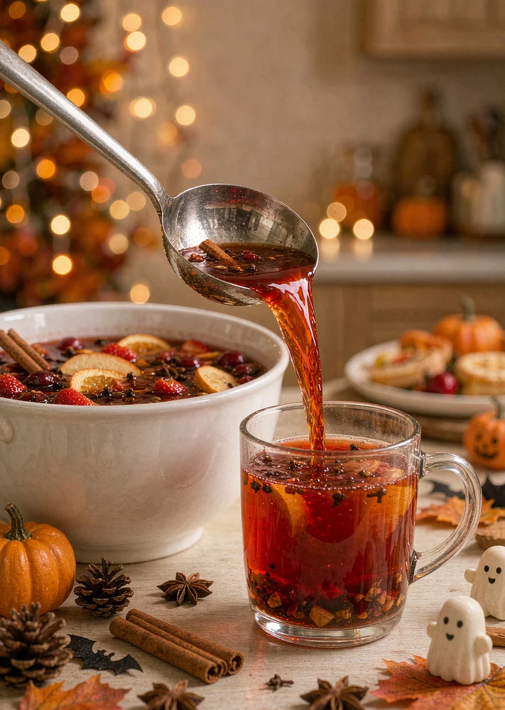 Ladle scooping red punch from a white ceramic bowl into a clear glass with warm lights