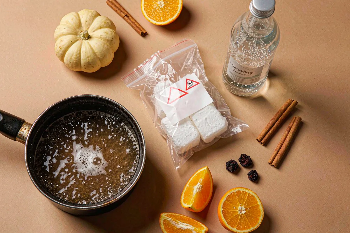 Bubbling cauldron supplies on a warm background — a small cauldron pot, sparkling water, food-grade dry ice, oranges, cinnamon and a small pumpkin