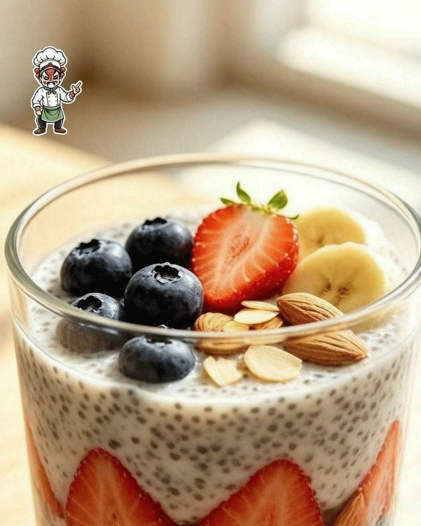 Close-up of chia pudding cup — fresh blueberries, strawberry, banana and toasted almonds