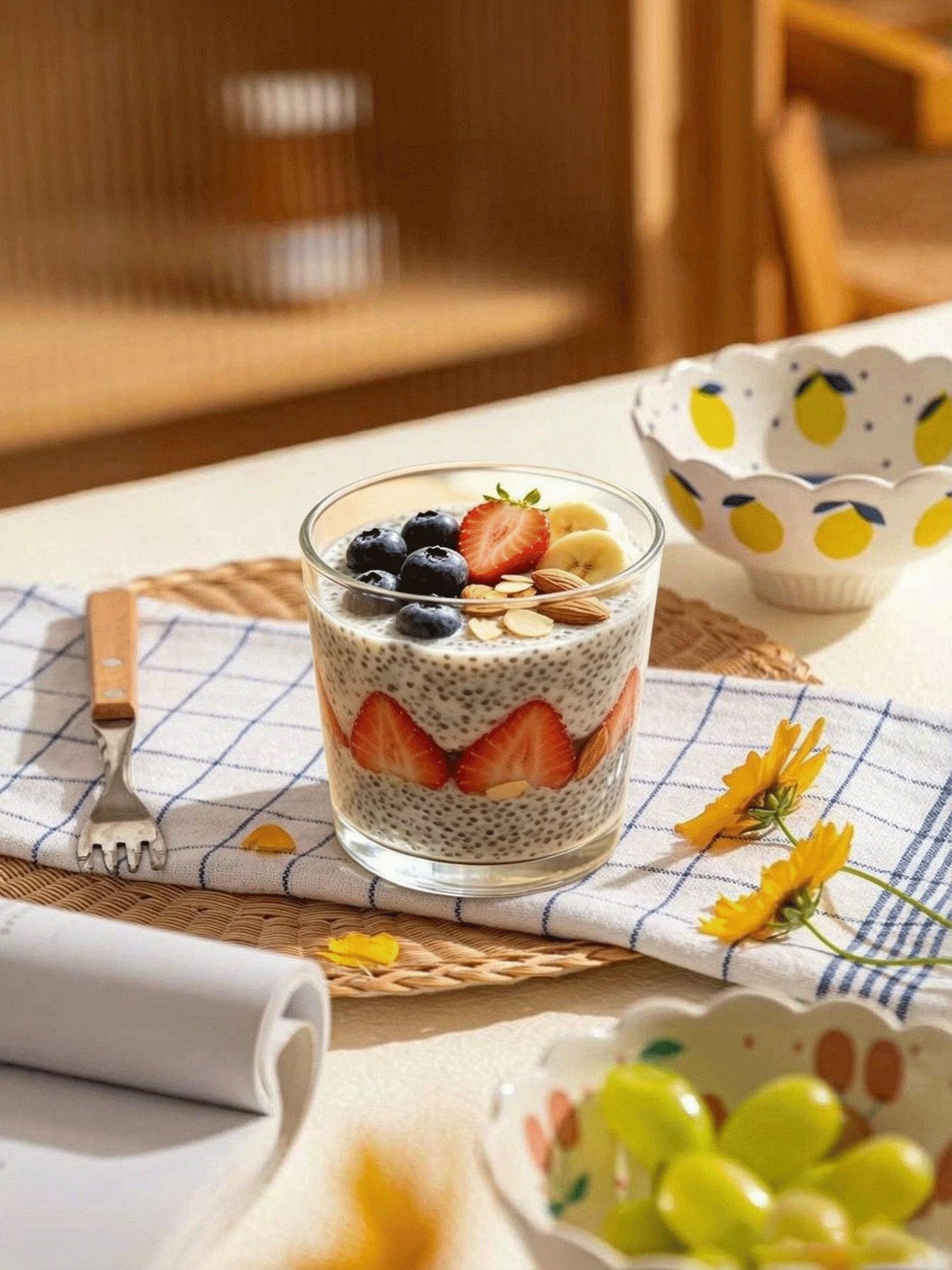 Lifestyle shot — chia seed pudding cup in a cozy cafe table setting