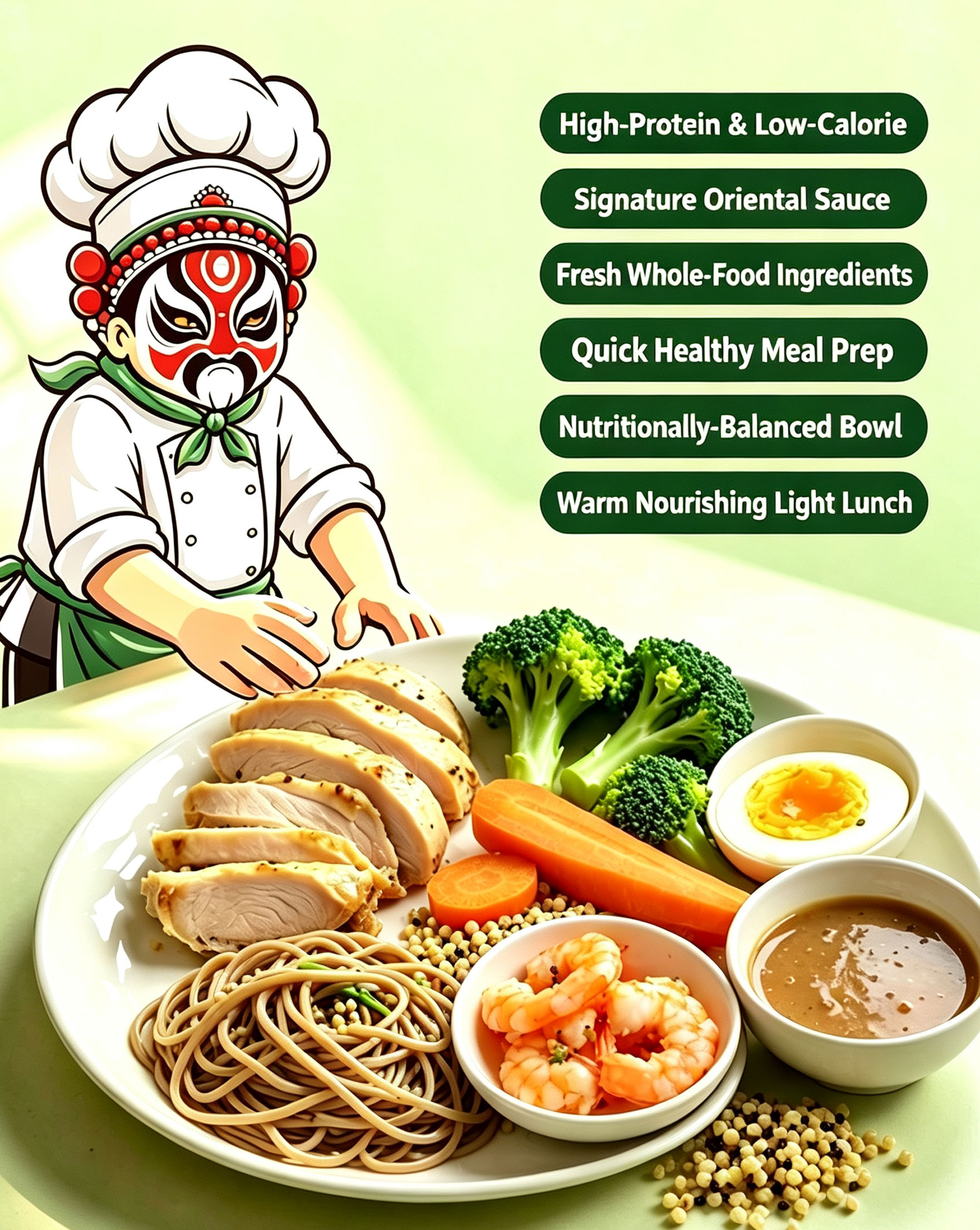 Full spread of Oriental Secret Sauce Chicken Bowl — complete dish with chef mascot and feature tags