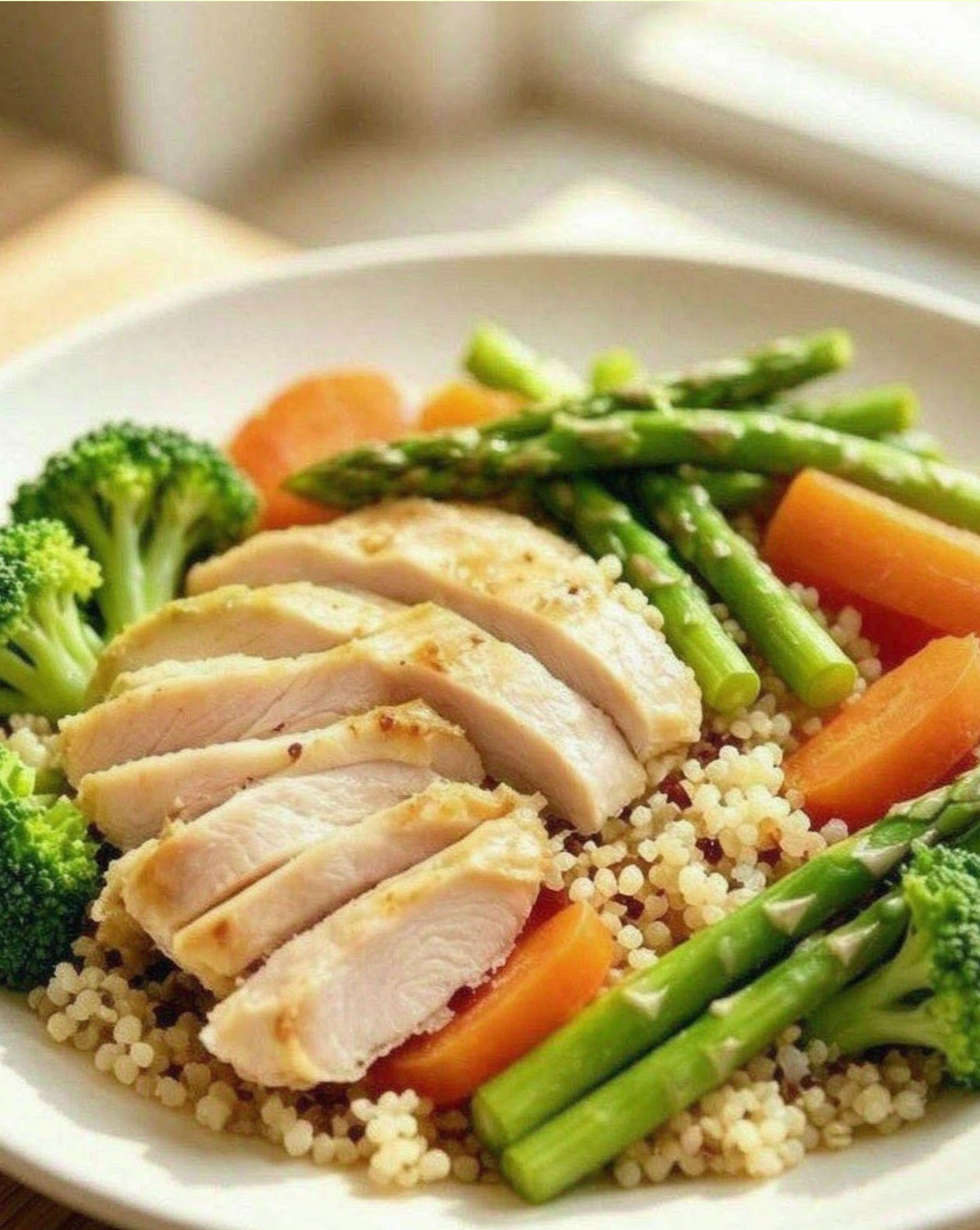 Close-up of pan-seared chicken breast slices over quinoa with asparagus and carrots