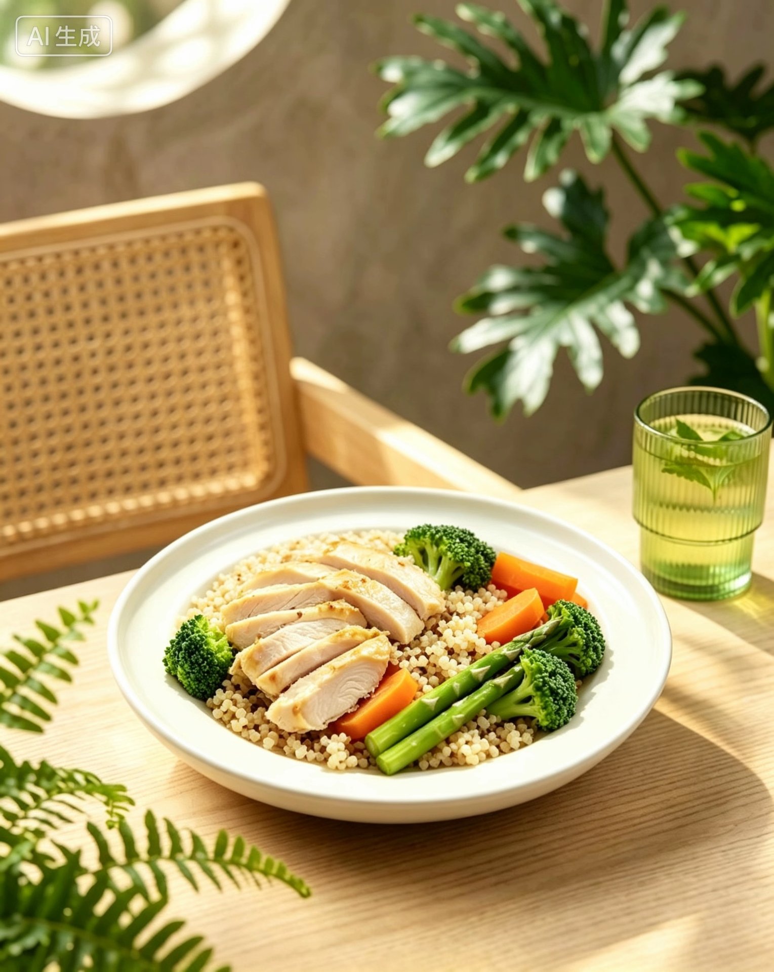 Lifestyle shot — chicken asparagus bowl on wooden table with plants and herbal tea