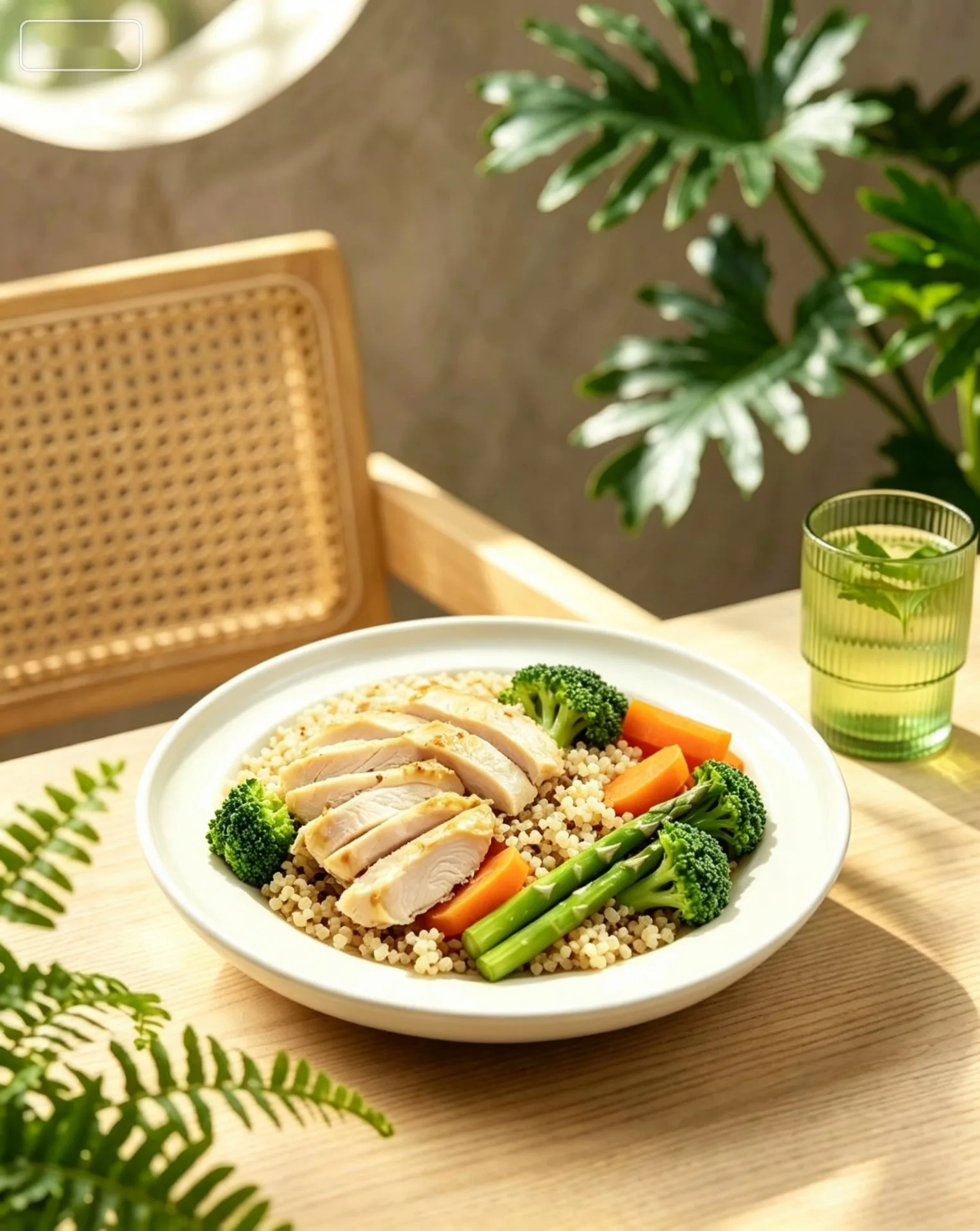 Lifestyle shot — chicken asparagus bowl on wooden table with plants and herbal tea