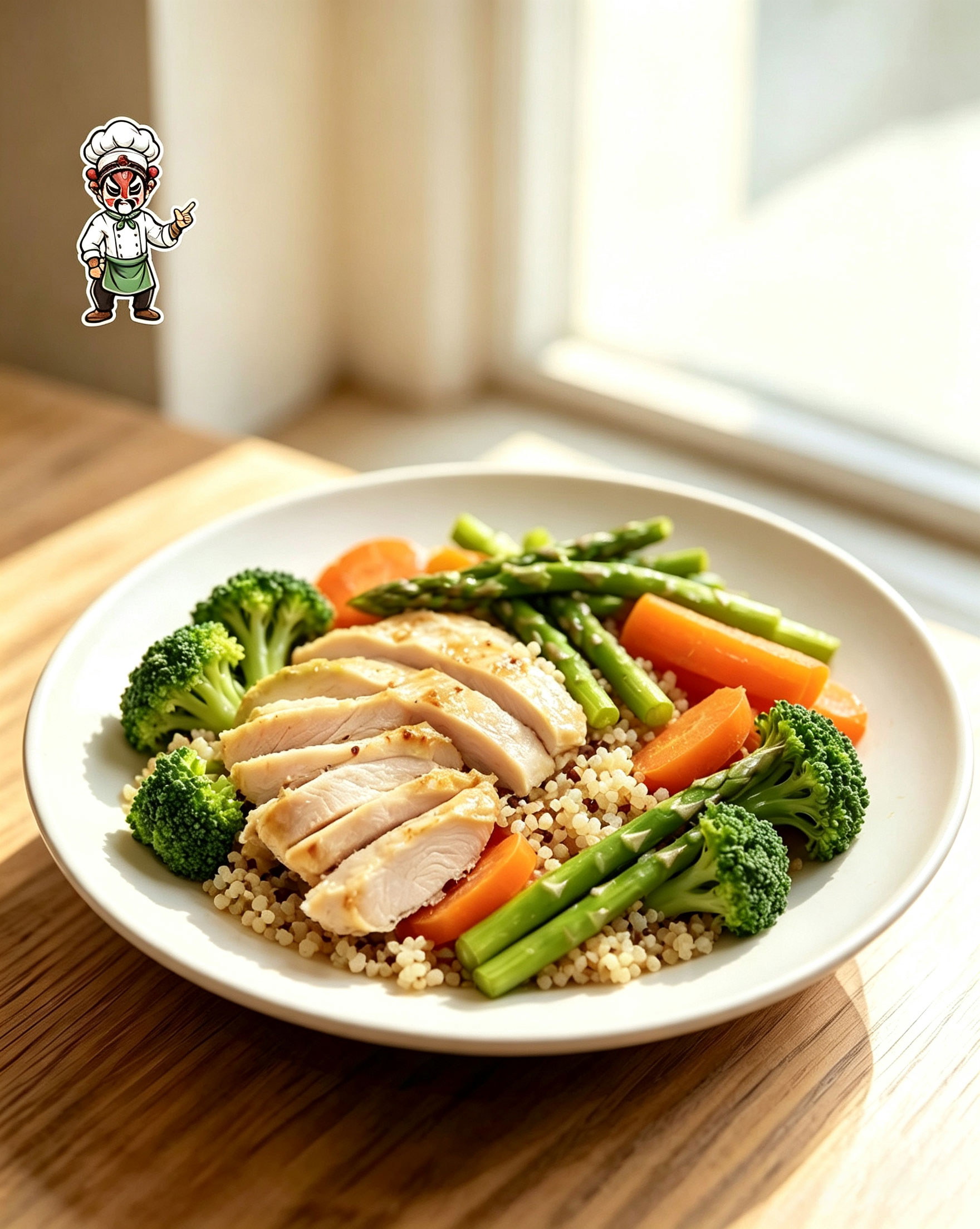 Oriental Secret Sauce Chicken Breast & Asparagus — Pan-seared chicken over quinoa with fresh vegetables