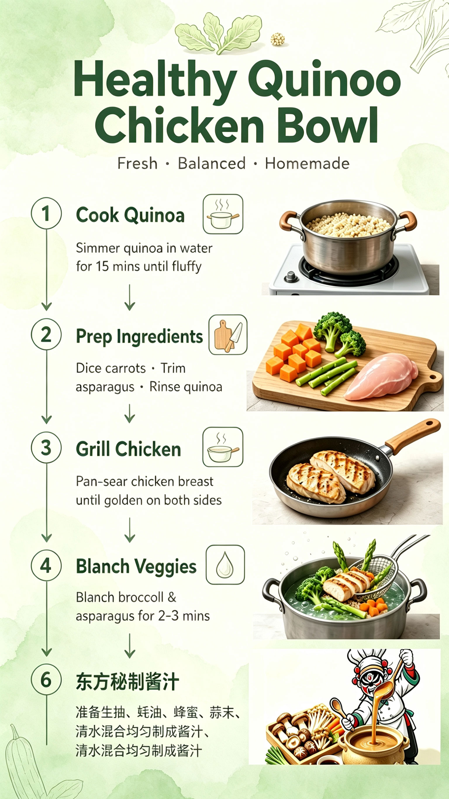 Step-by-step making process — Cook Quinoa, Prep Ingredients, Grill Chicken, Blanch Veggies, Oriental Secret Sauce