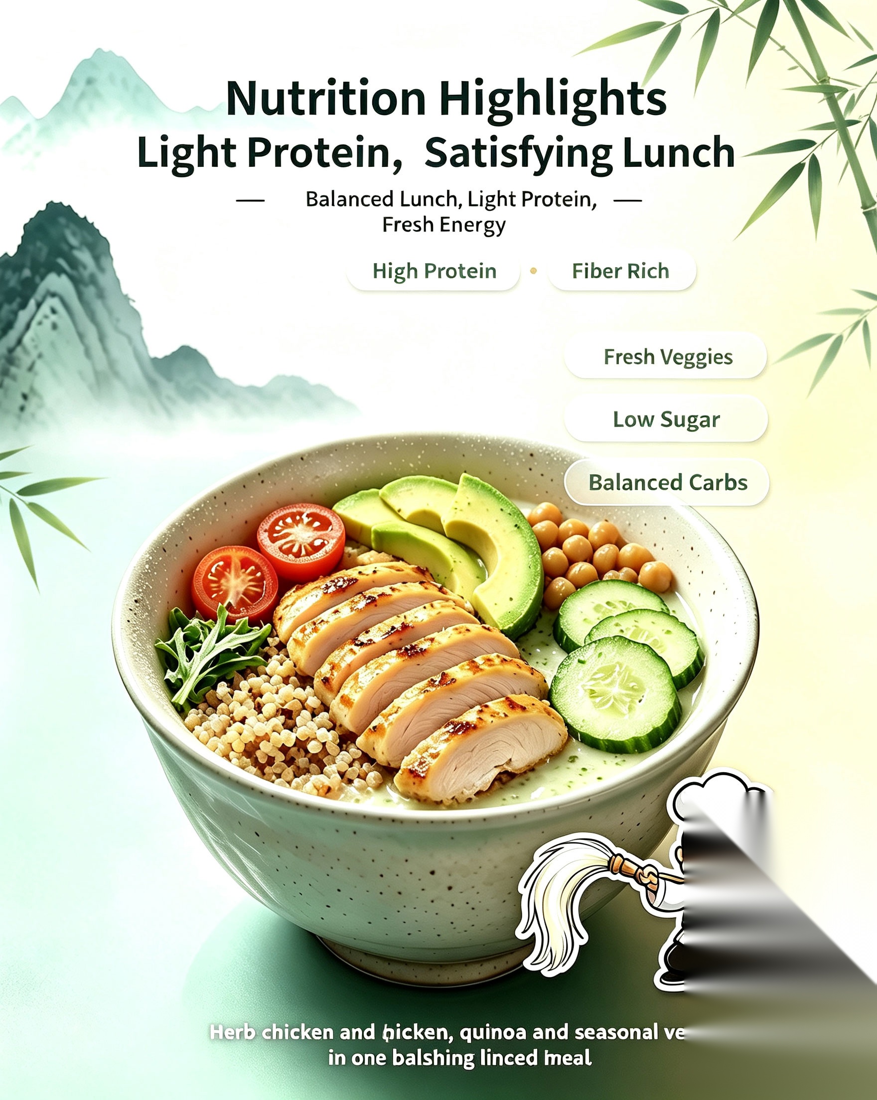Nutrition highlights of Shaolin Chicken Quinoa Energy Bowl showing light protein satisfying lunch high protein fiber rich fresh veggies low sugar balanced carbs