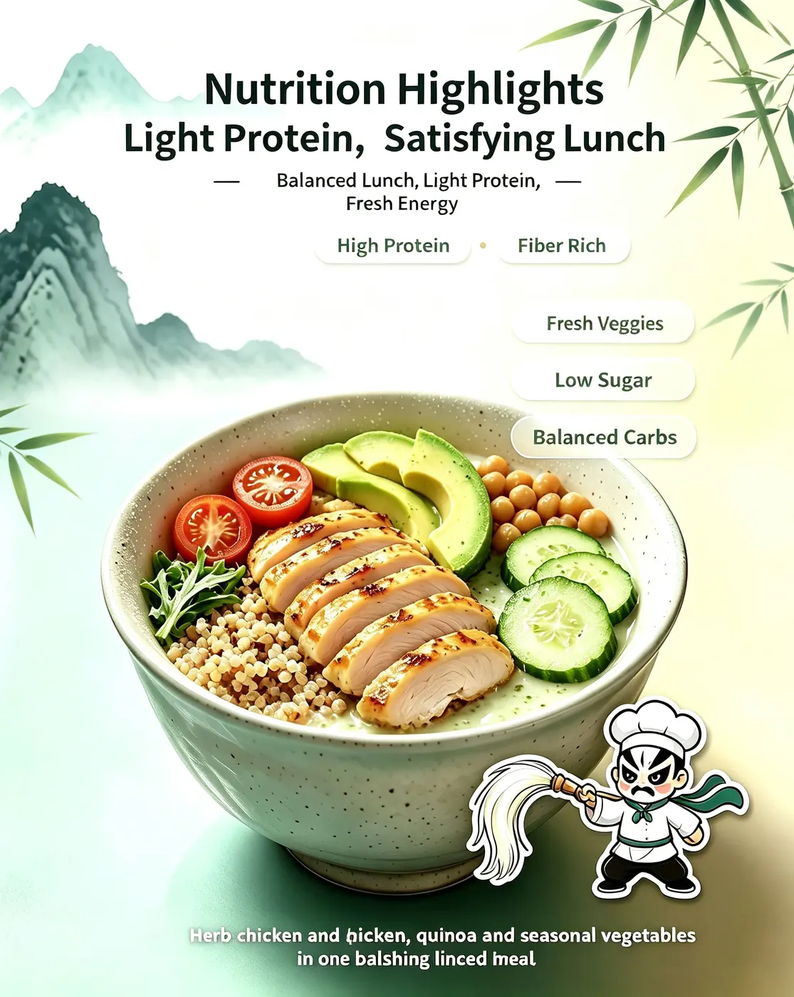 Nutrition highlights of Shaolin Chicken Quinoa Energy Bowl showing light protein satisfying lunch high protein fiber rich fresh veggies low sugar balanced carbs