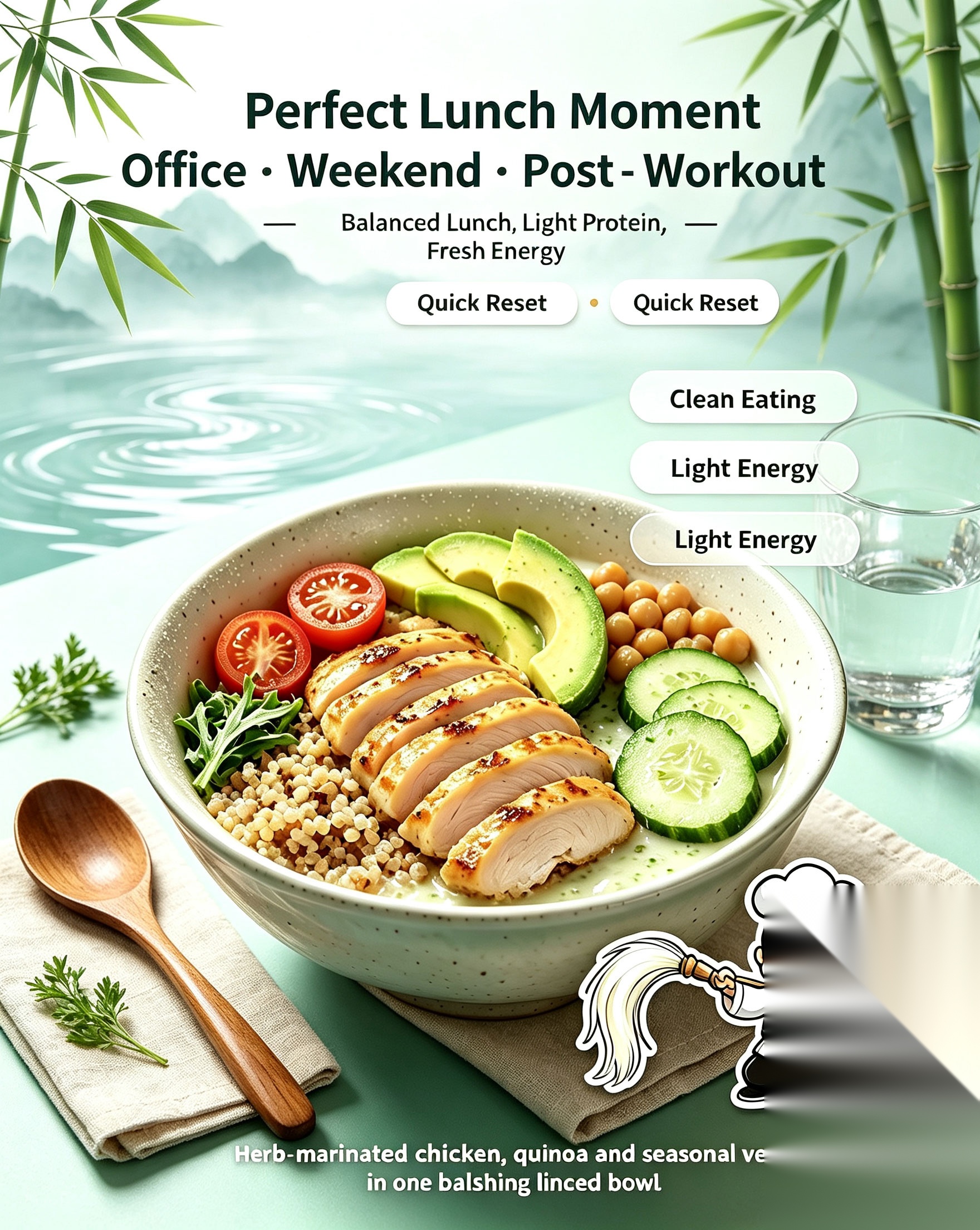 Perfect lunch moment of Shaolin Chicken Quinoa Energy Bowl for office weekend post-workout quick reset clean eating light energy