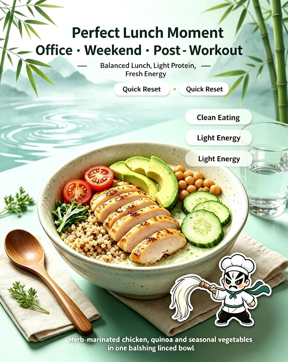 Perfect lunch moment of Shaolin Chicken Quinoa Energy Bowl for office weekend post-workout quick reset clean eating light energy