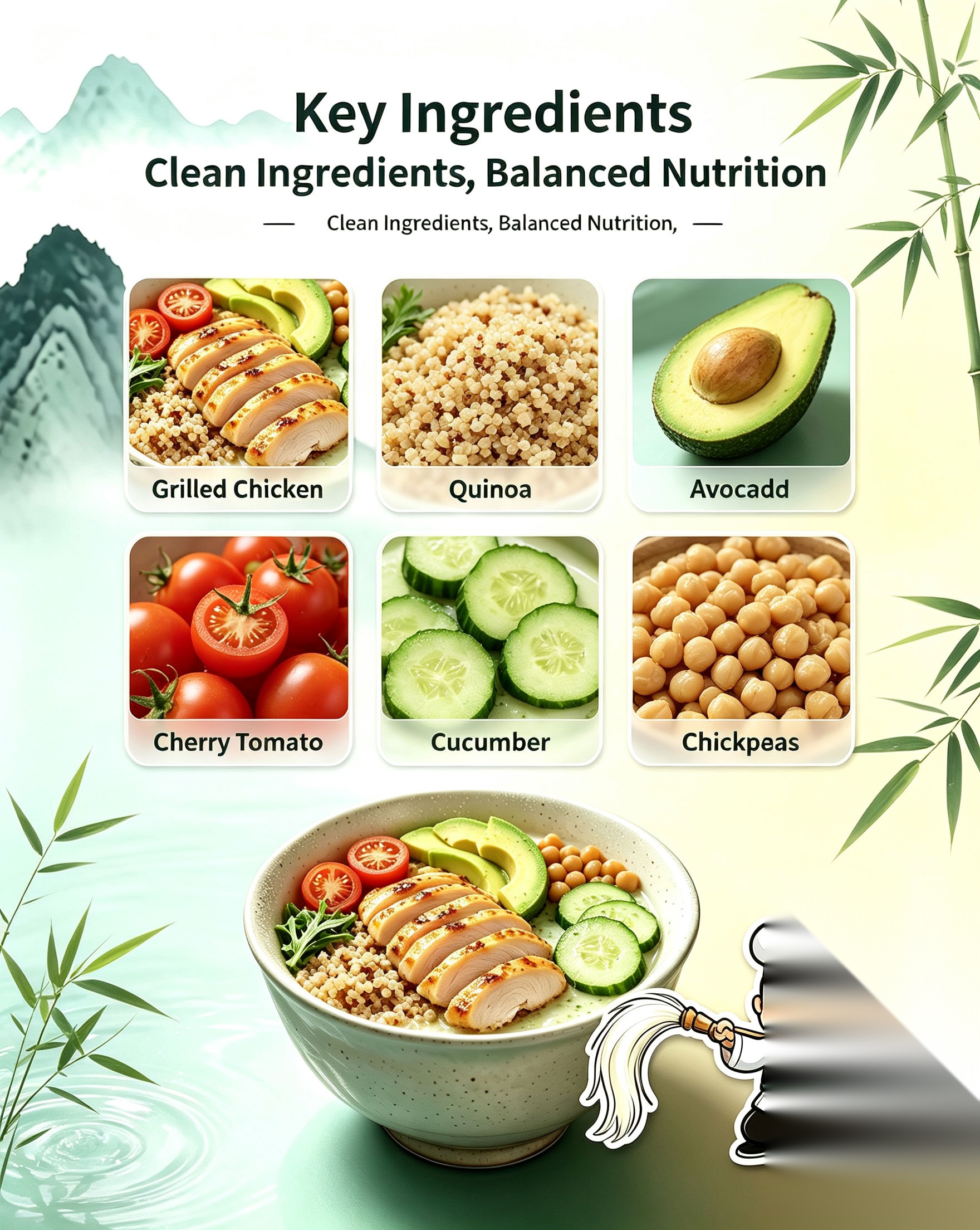 Key ingredients of Chicken Quinoa Energy Bowl showing grilled chicken quinoa avocado cherry tomato cucumber chickpeas clean ingredients balanced nutrition