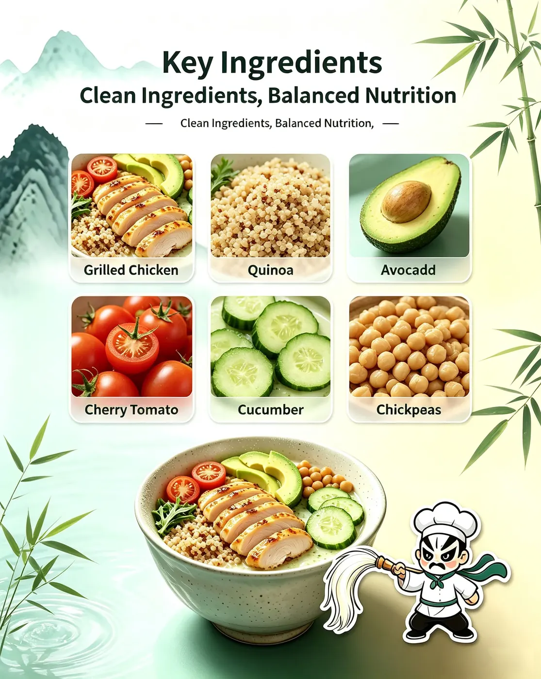 Key ingredients of Chicken Quinoa Energy Bowl showing grilled chicken quinoa avocado cherry tomato cucumber chickpeas clean ingredients balanced nutrition