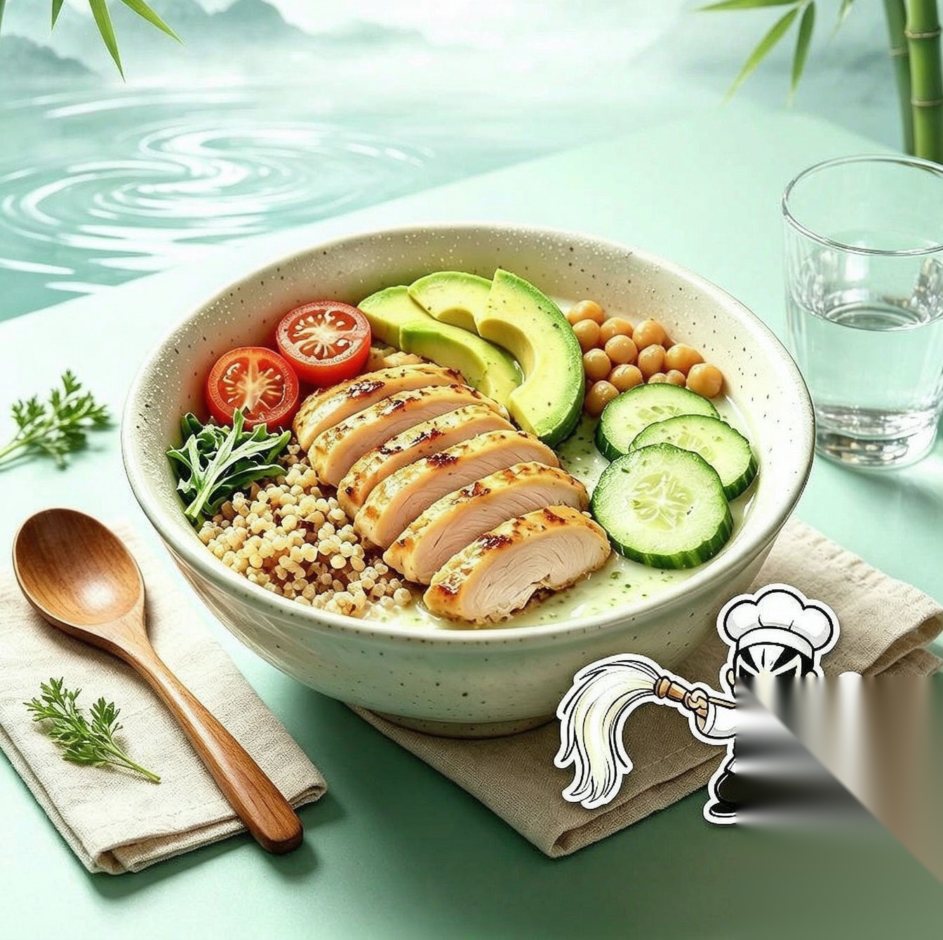 Kung Fu Shaolin Chicken Quinoa Energy Bowl — Herb Marinated Grilled Chicken Breast Fluffy Tri-color Quinoa Fresh Avocado Cucumber Cherry Tomatoes Chickpeas High Protein Low Fat Post-Workout Clean Eating Kung Fu Fitness Bowl