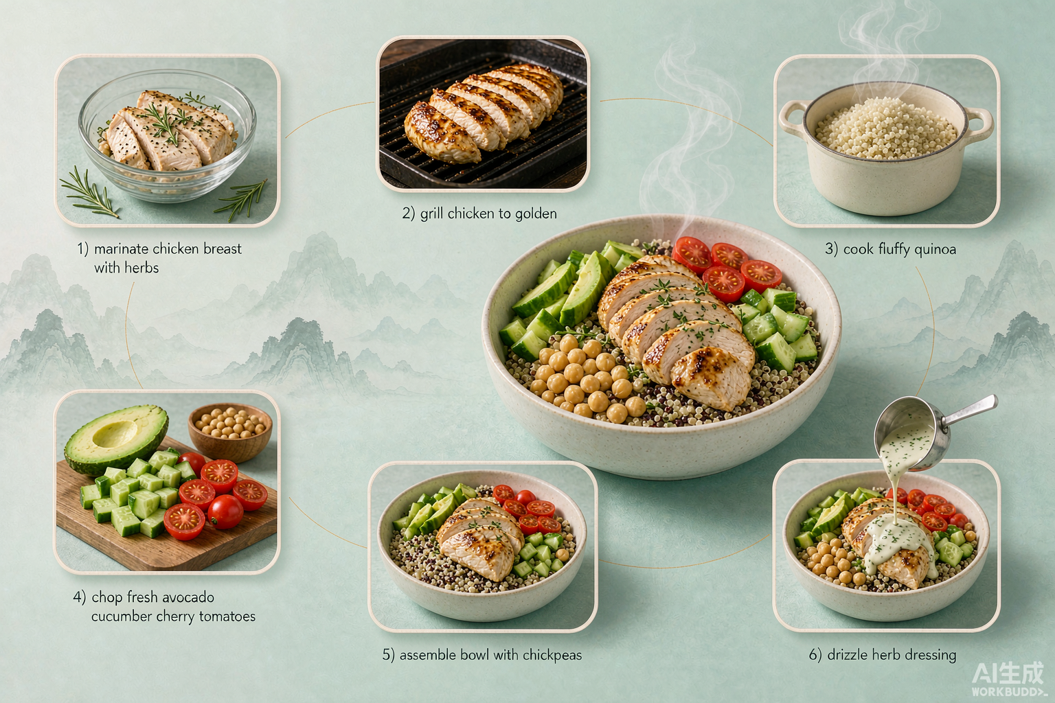 How to craft Shaolin Chicken Quinoa Energy Bowl - six steps showing marinate chicken grill to golden cook fluffy quinoa chop fresh vegetables assemble bowl drizzle herb dressing