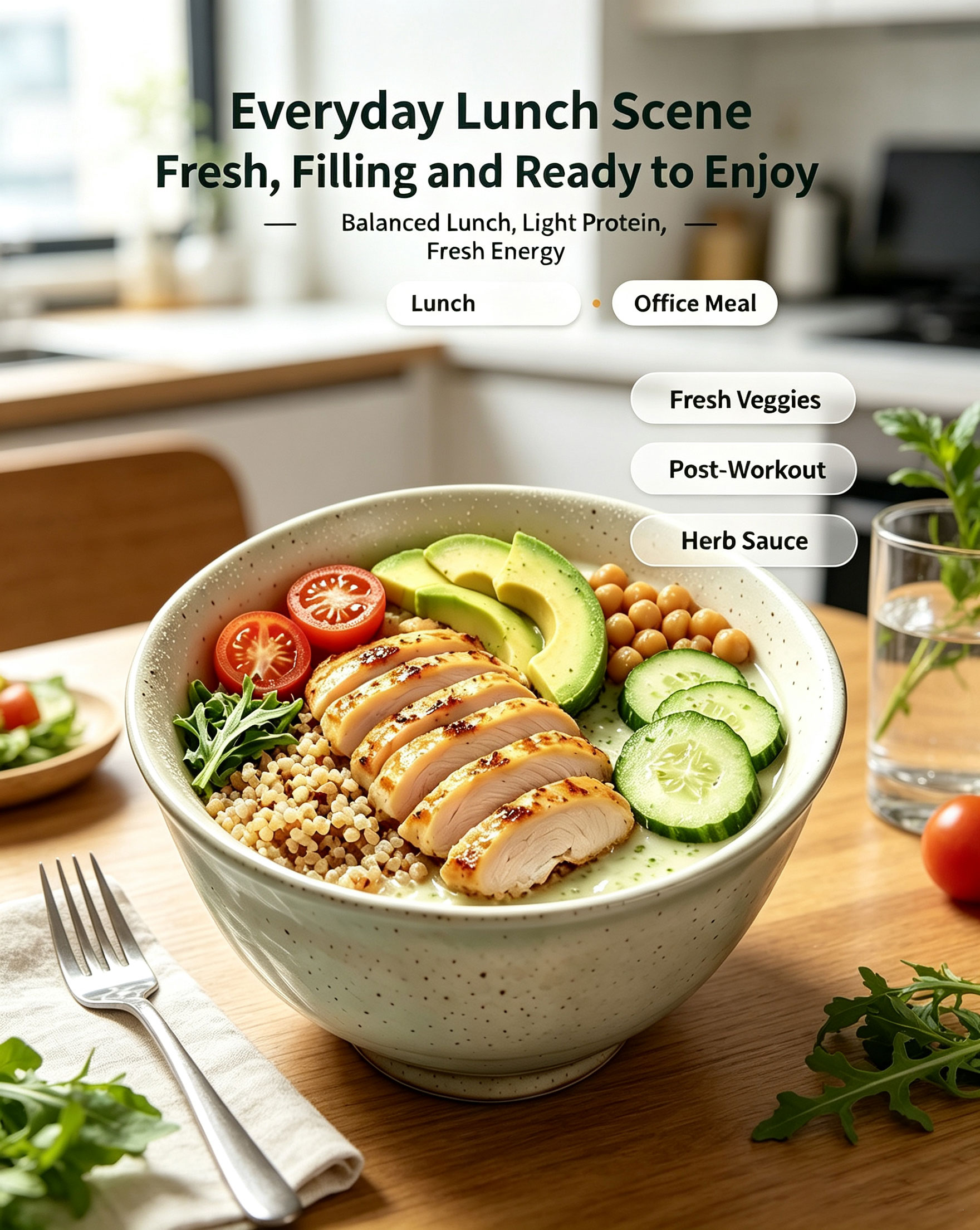 Shaolin Chicken Quinoa Energy Bowl everyday lunch scene showing balanced light protein fresh filling ready to enjoy office meal
