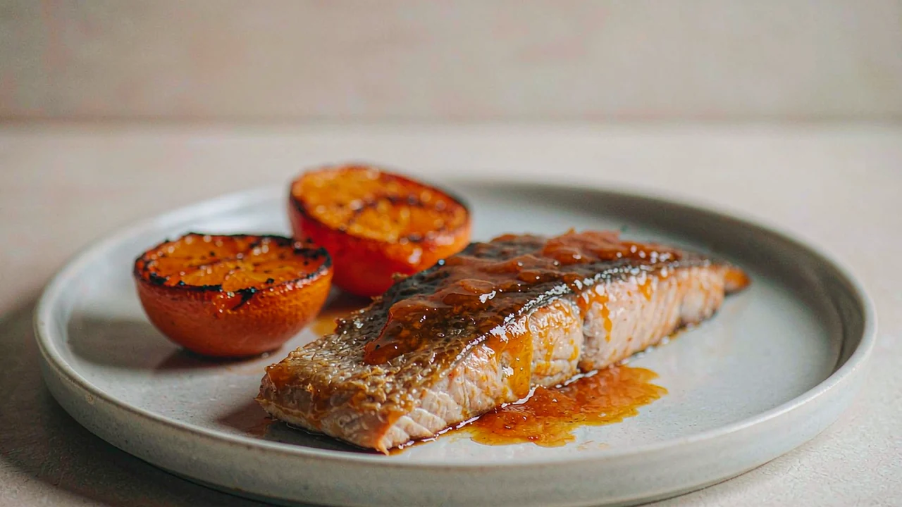 Citrus miso butter salmon fillet on a light matte plate with roasted orange slices