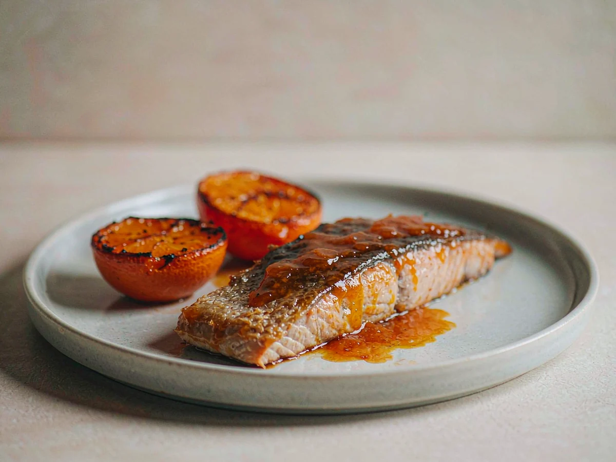 Baked salmon with a citrus miso butter glaze and roasted orange slices