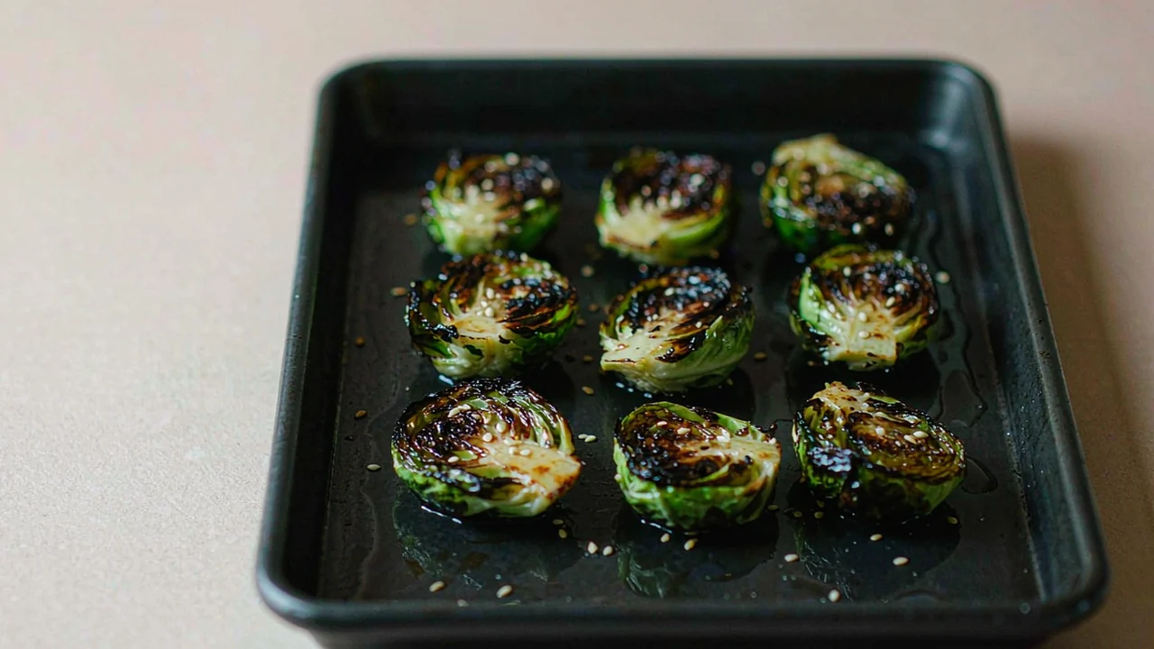 Charred Brussels sprouts in a dark matte baking tray with a glossy miso butter sheen, overhead view