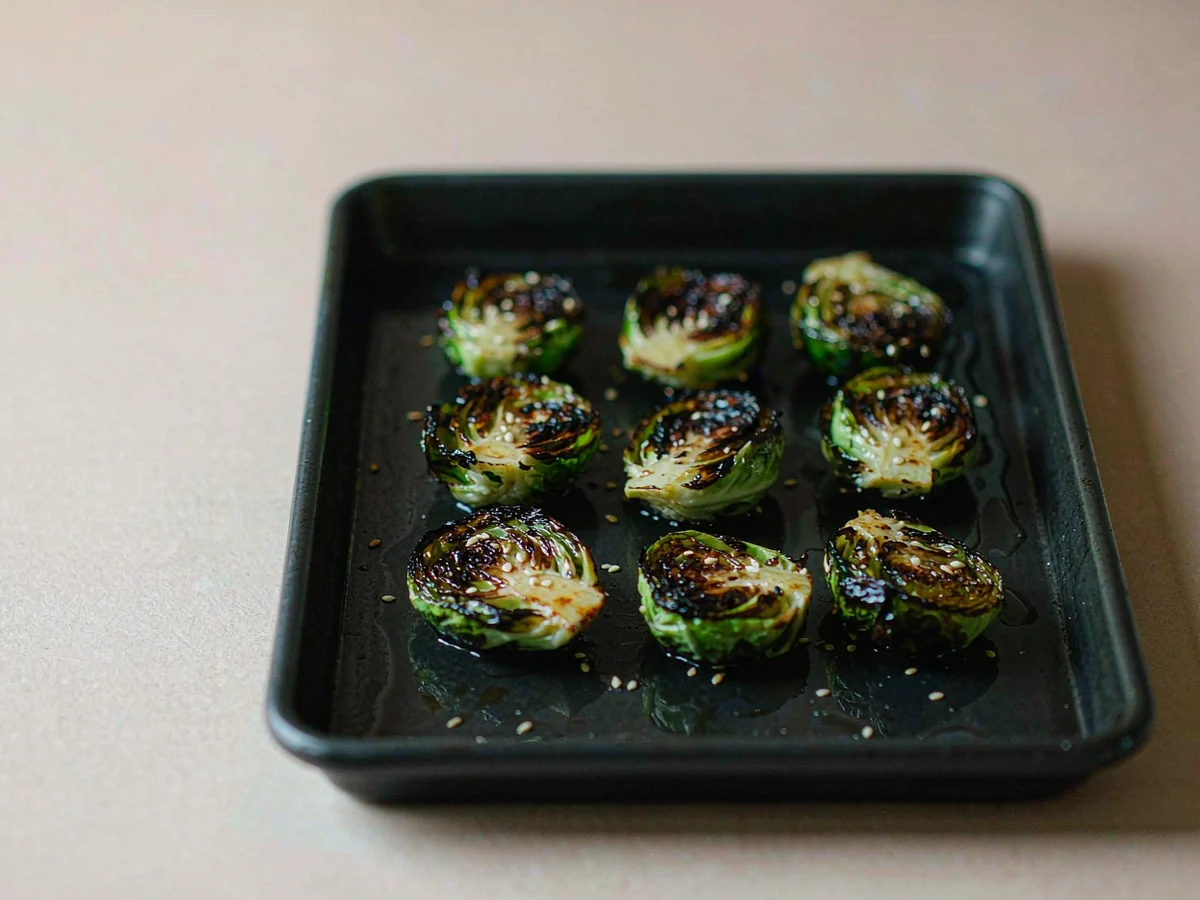 Miso butter Brussels sprouts with charred edges in a dark tray