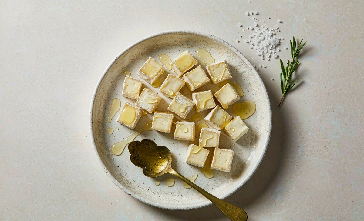Cubed brie drizzled with honey