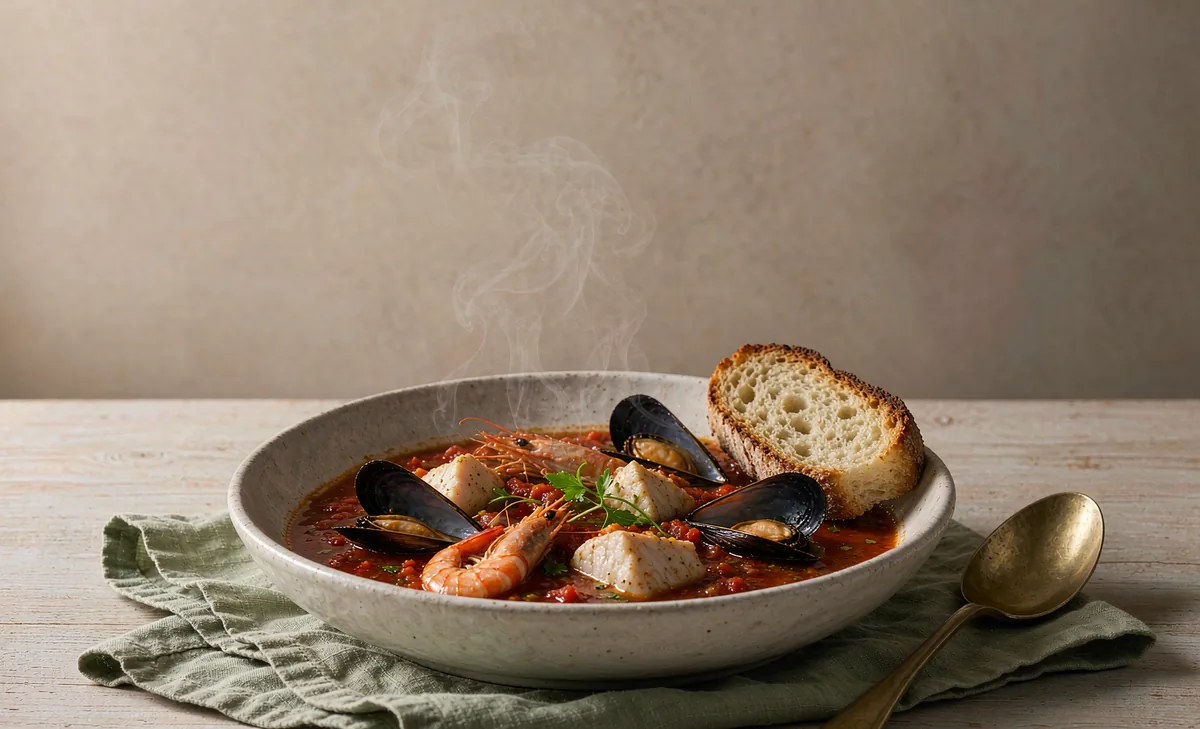Tomato seafood stew with prawns, mussels and white fish