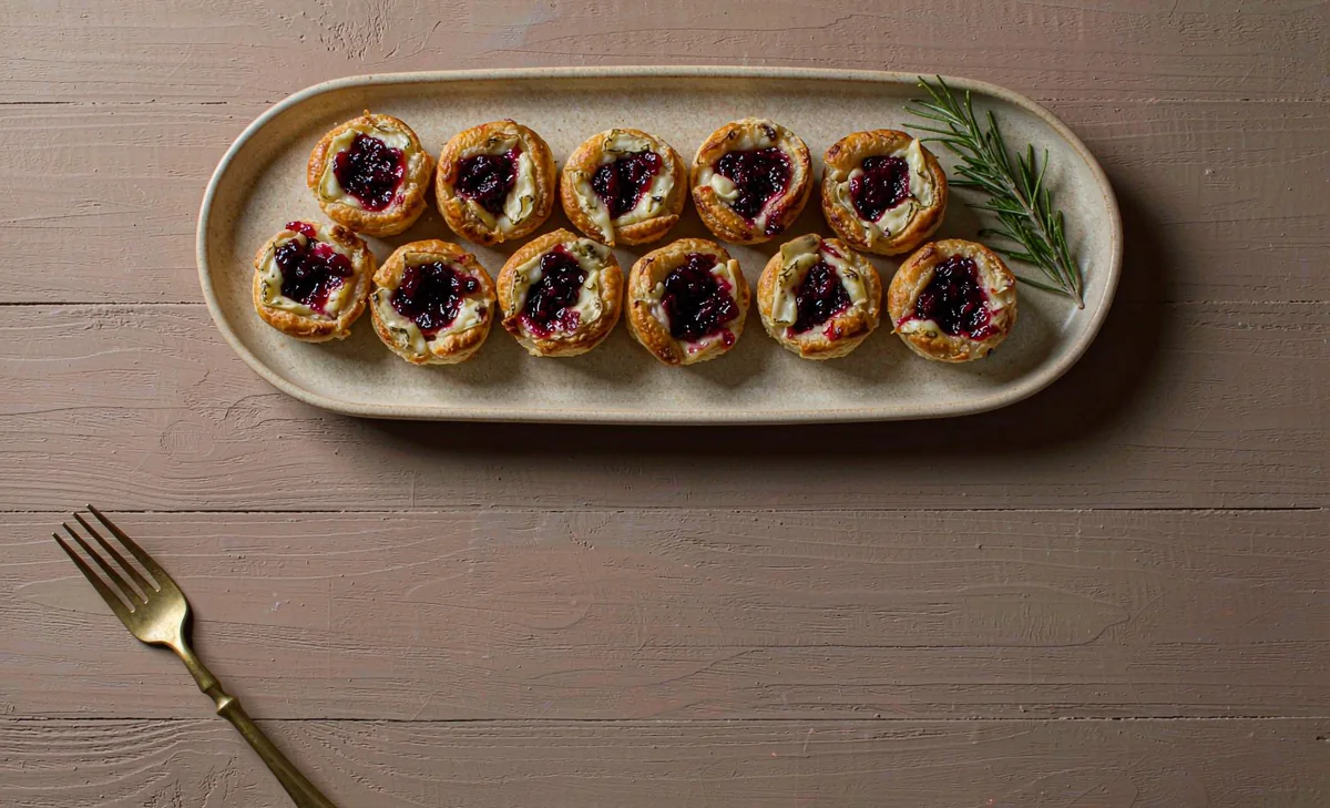 Golden puff pastry brie bites with cranberry