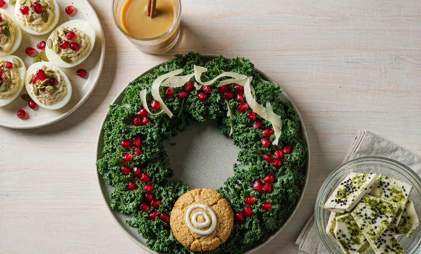 Healthy Christmas spread: kale wreath salad, Greek-yogurt deviled eggs, light eggnog and matcha bark on a light wooden table