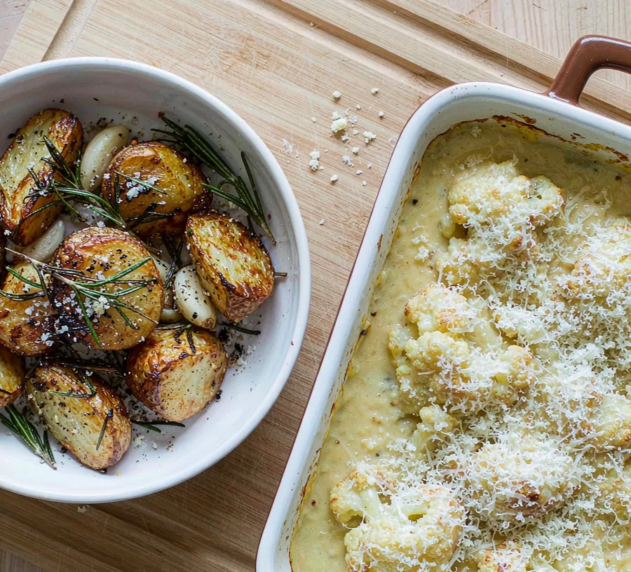 Air-fryer roast potatoes and cauliflower cheese