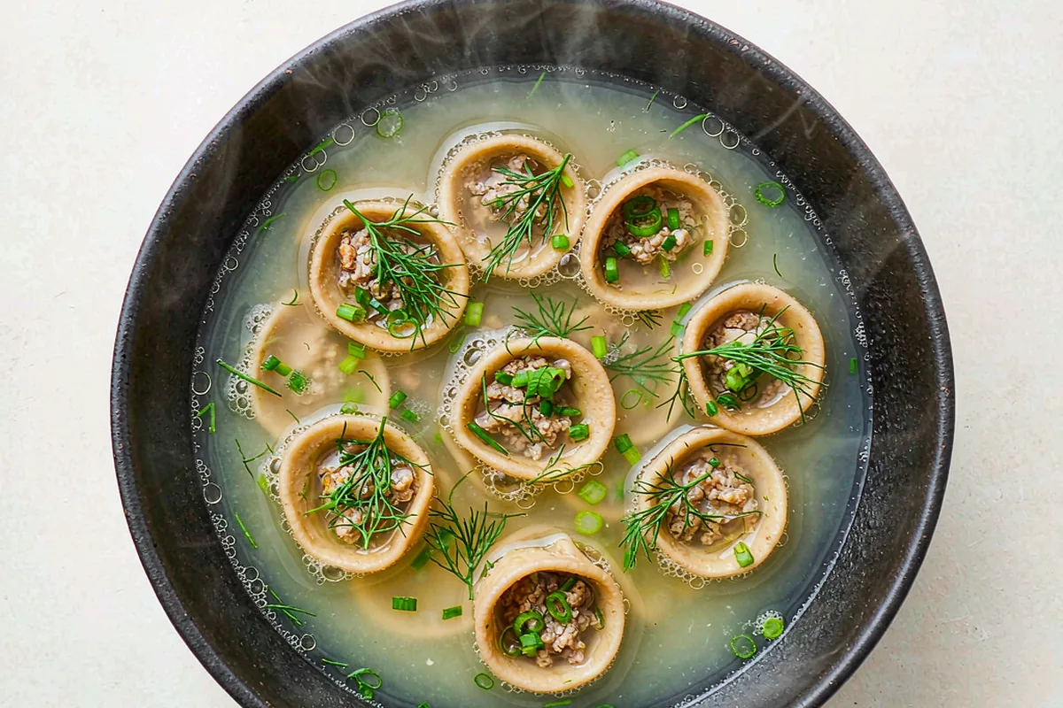 Cappelletti hats in a clear kombu-scallop broth in a dark matte bowl