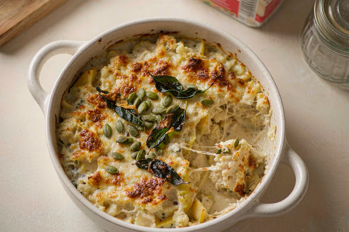 Golden butternut squash and cauliflower pasta bake in a ceramic dish, patchy cheese top with sage and pumpkin seeds, overhead view