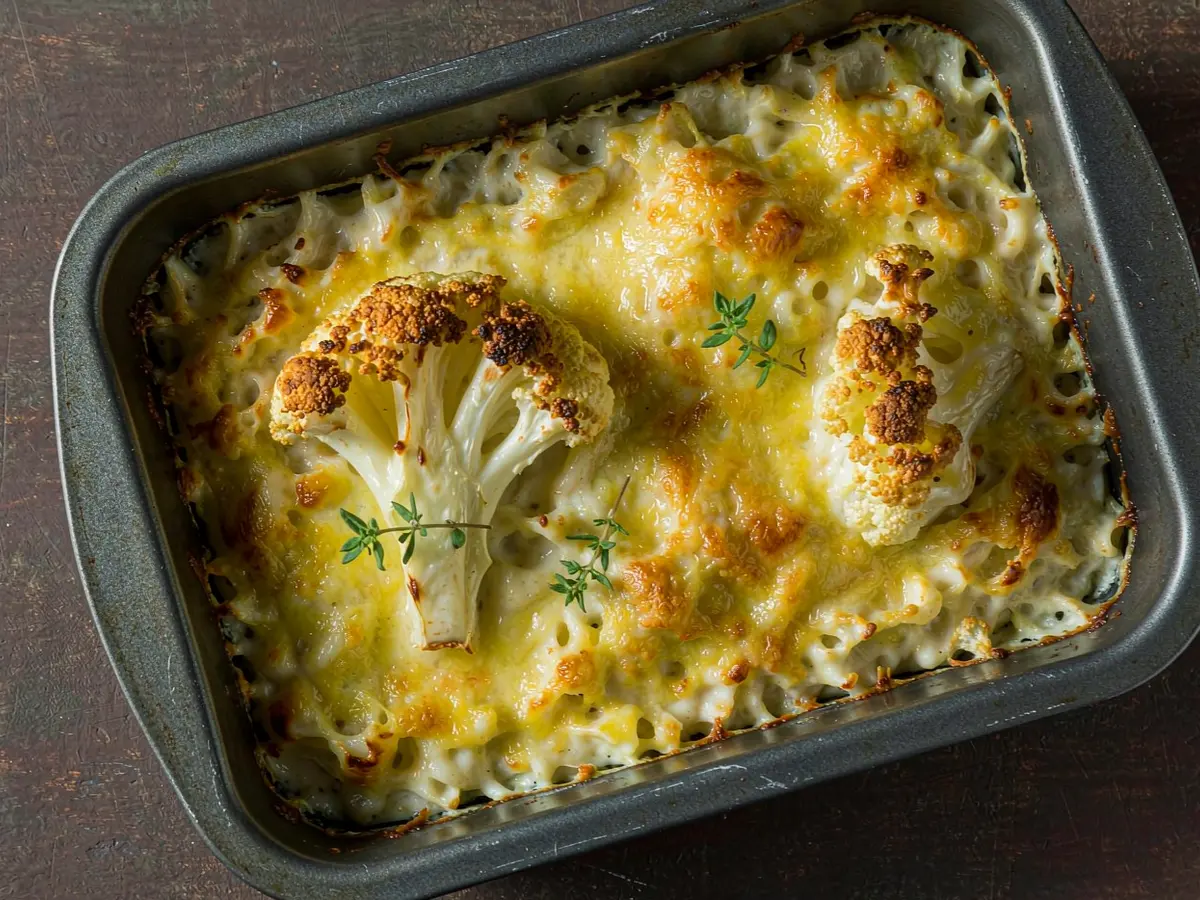 Miso butter cauliflower mac and cheese in a dark matte baking dish, golden cheese spots and cauliflower edges, top-down on dark wood